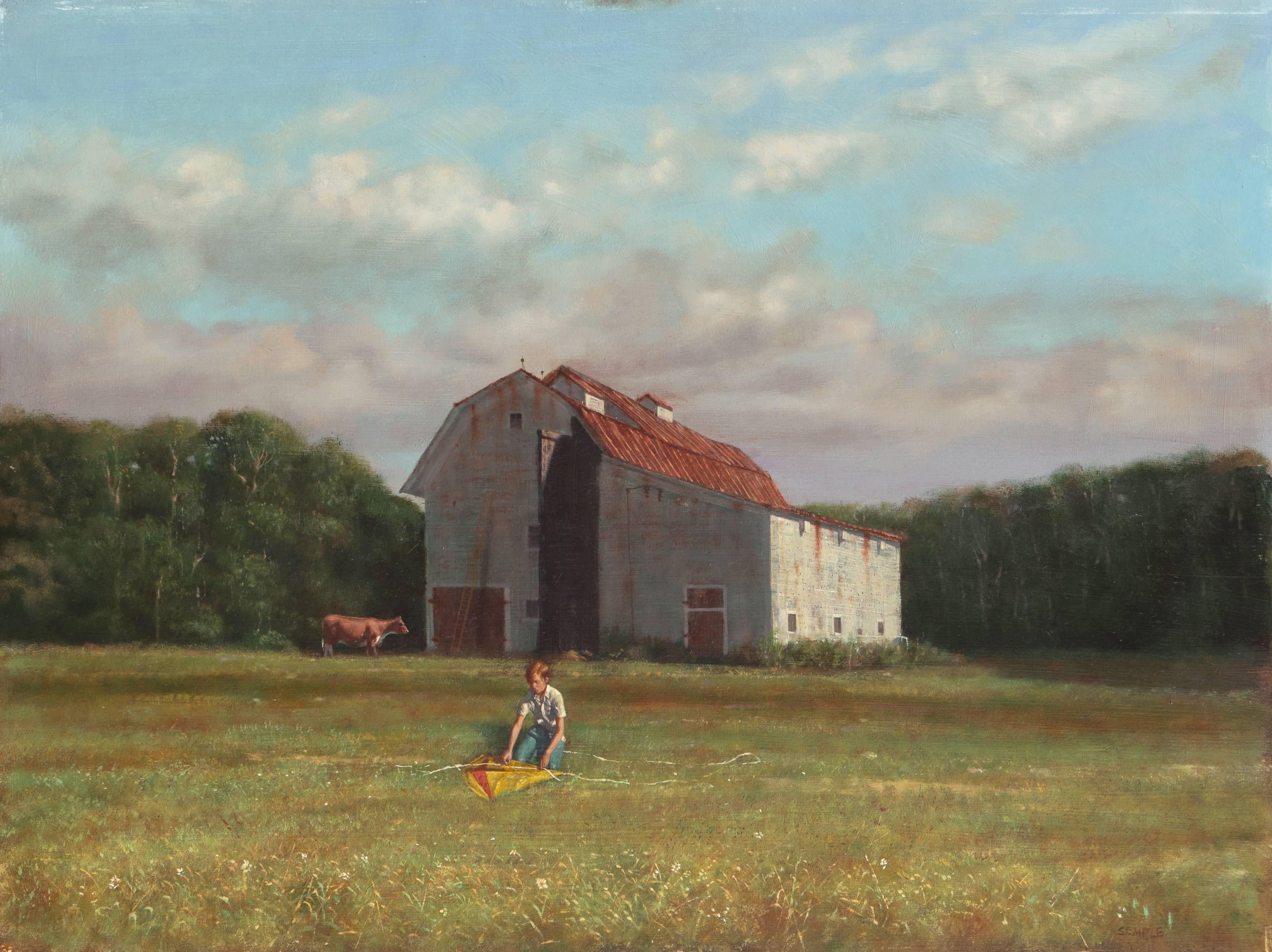 John Semple Landscape Painting - 'Rural Childhood', American Realism, Academic oil of a Young Boy with a Kite