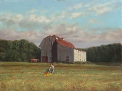 'Rural Childhood', American Realism, Academic oil of a Young Boy with a Kite