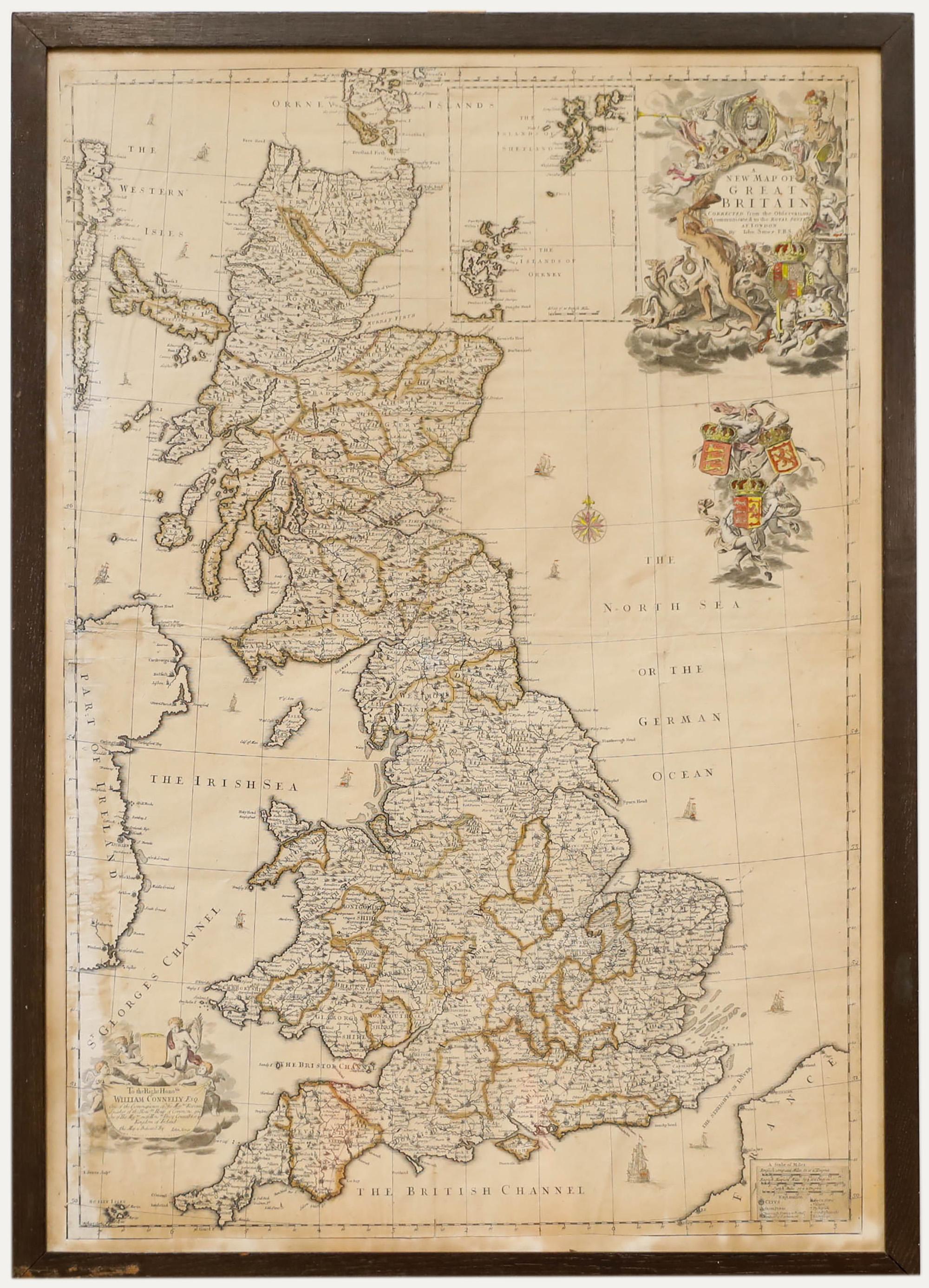 Una nuova mappa della Gran Bretagna - corretta dalle osservazioni comunicate alla Royal Society di Londra. Di John Senex F.R.S. Mappa incisa a doppia pagina su 2 fogli uniti, con colorazione a mano successiva. Ben presentato in una bella e pesante