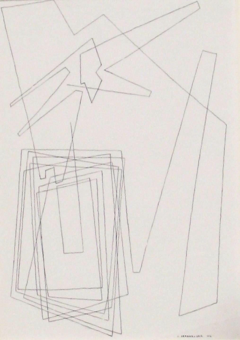 20ième siècle Drawing géométrique abstrait à l'encre et stylo à crayon de John Sennhauser, 1944 en vente