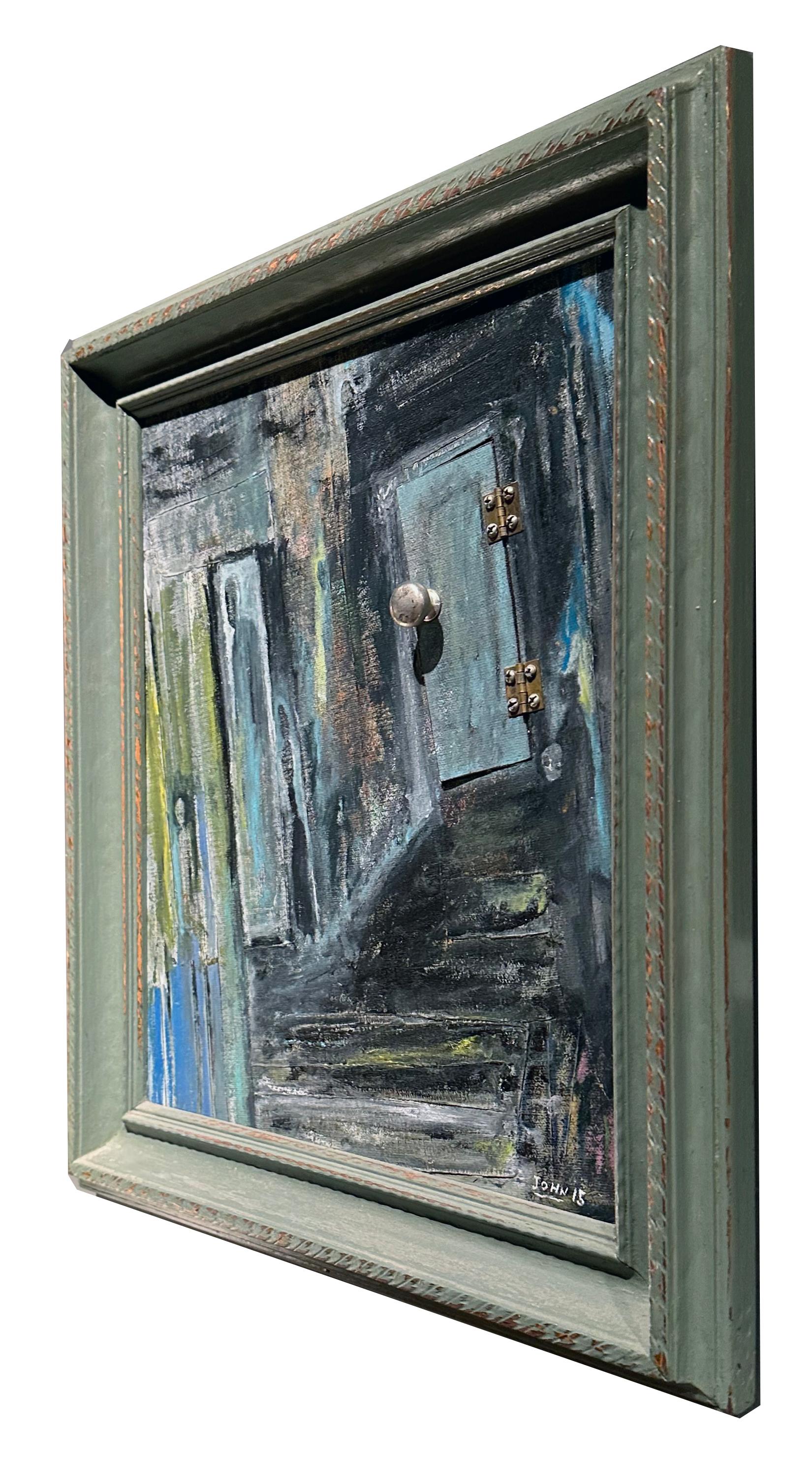 Porta posteriore - Scena prospettica obliqua con pannello della porta funzionante che si apre sullo specchio - Painting Contemporaneo di John Seubert