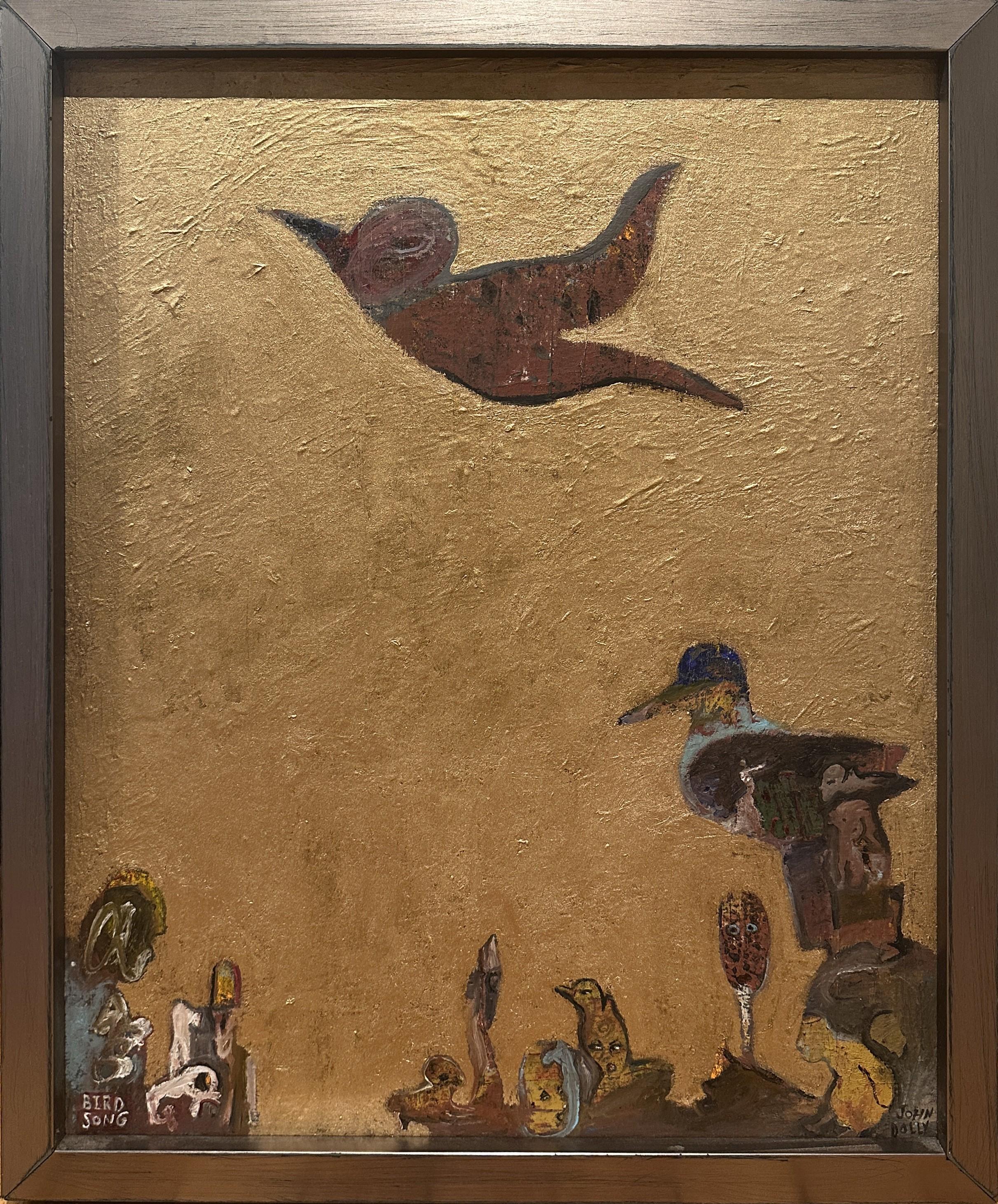 Bird Song, Bird Imagery Set Upon A Backdrop of Gold, Original Oil, Framed