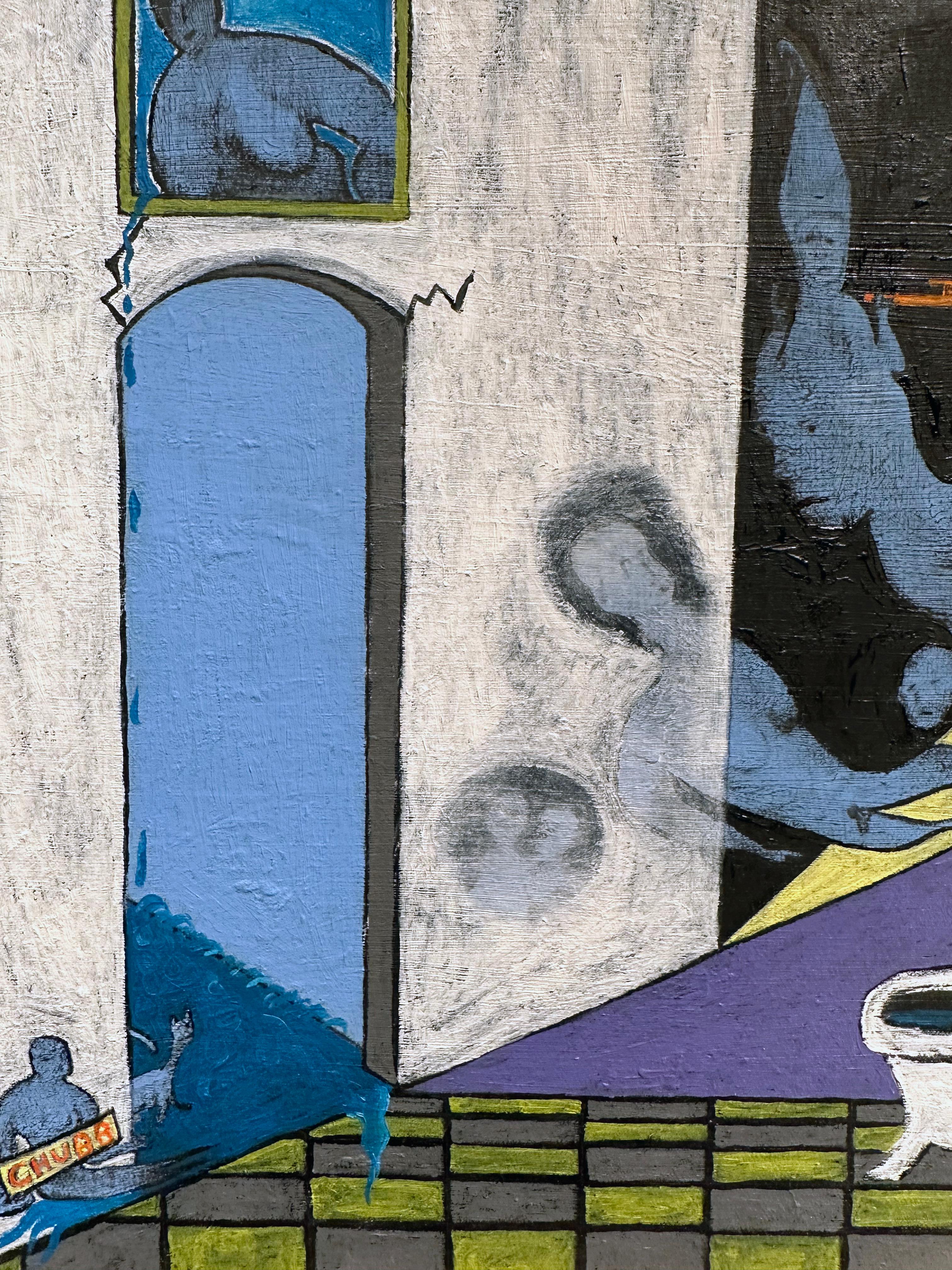 Chubb - Scène surréaliste de salle de bain avec un homme sous la douche, huile - Gris Abstract Painting par John Seubert