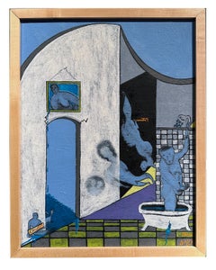 Chubb - Escena surrealista de arquitectura interior de cuarto de baño con hombre en la ducha, óleo