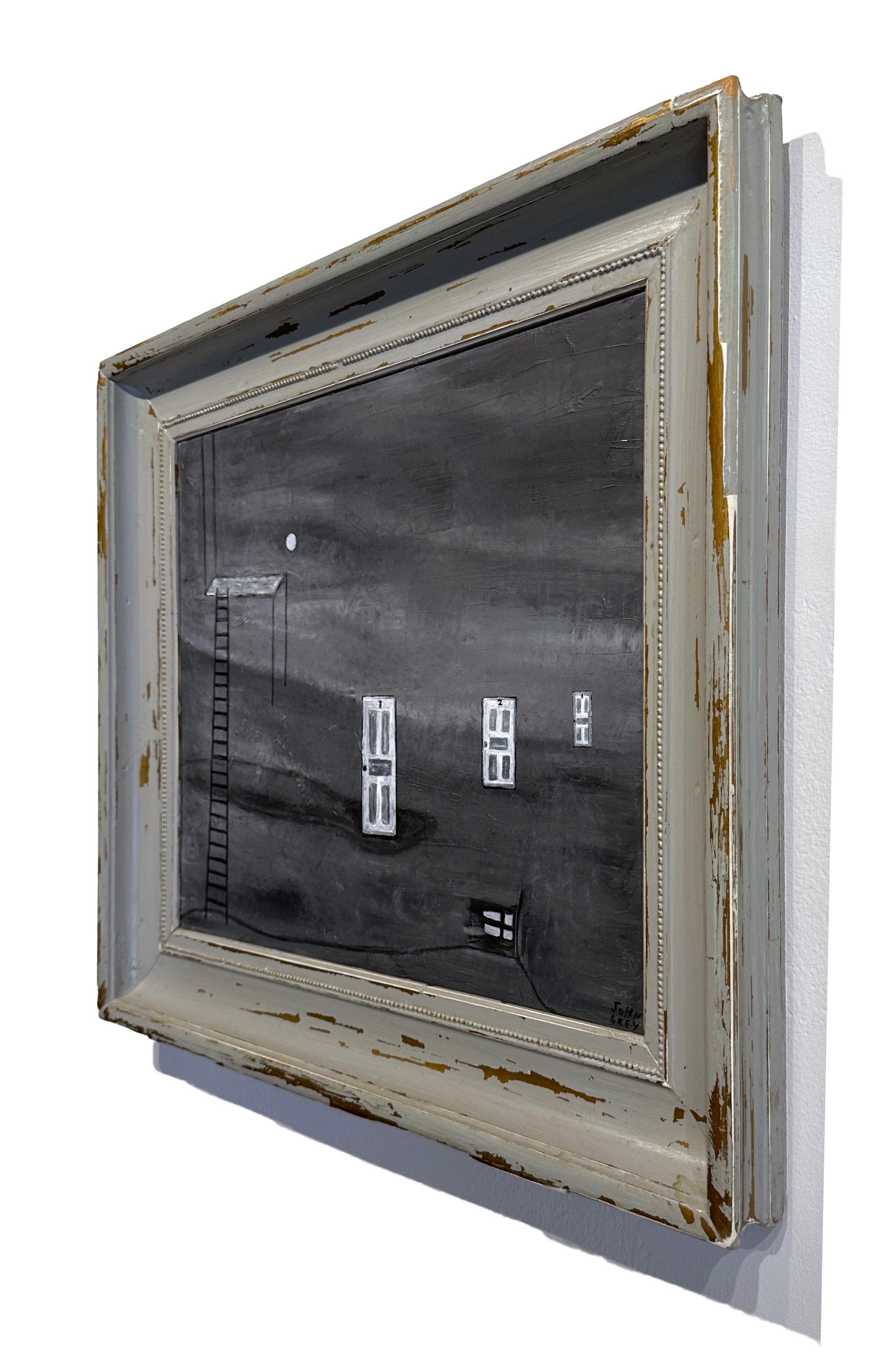 Echo - Monochromatic Scene, Ladder and Doors in Muted Gray, Original Oil, Framed - Painting by John Seubert