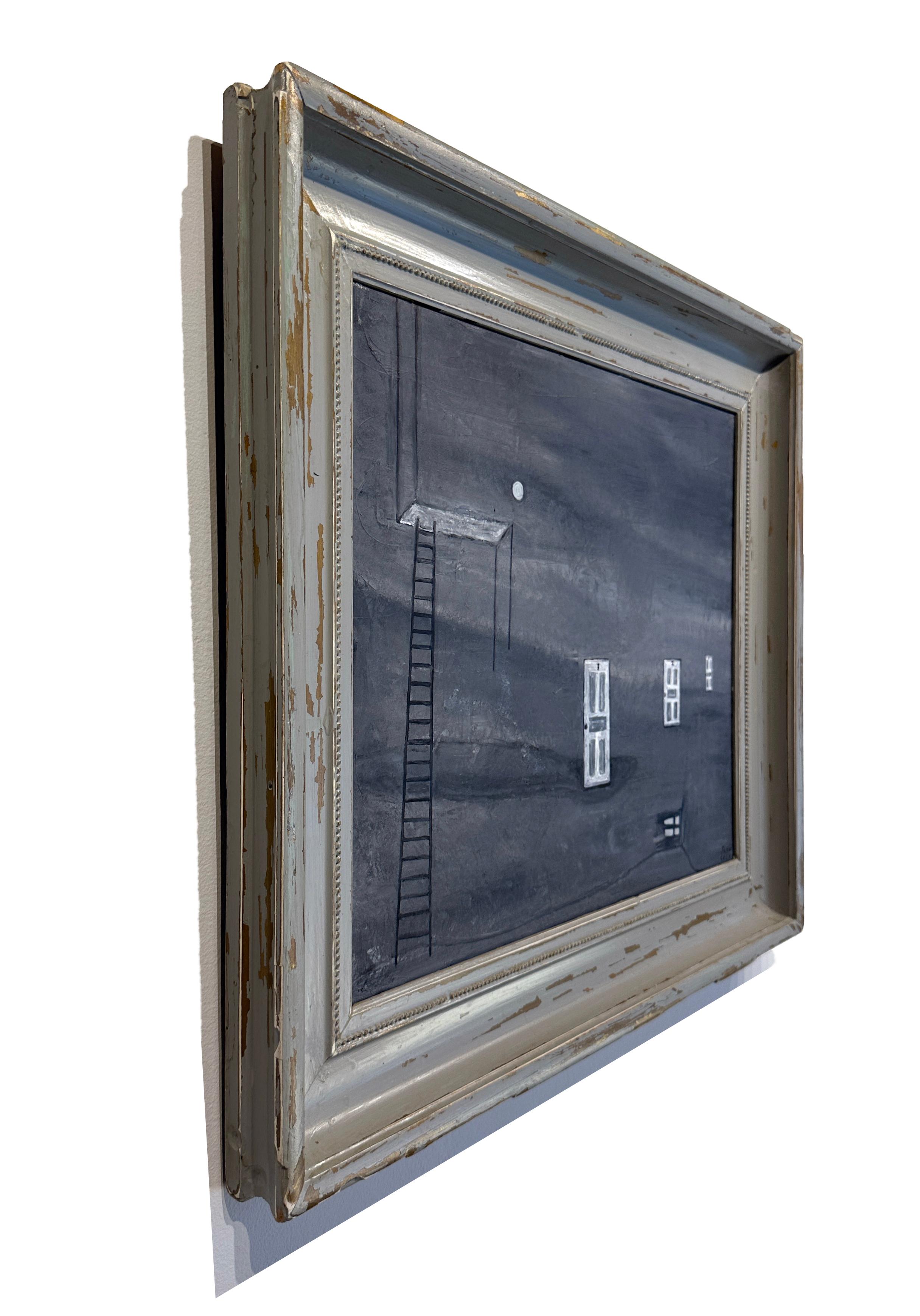 Echo - Monochromatic Scene, Ladder and Doors in Muted Gray, Original Oil, Framed - Contemporary Painting by John Seubert
