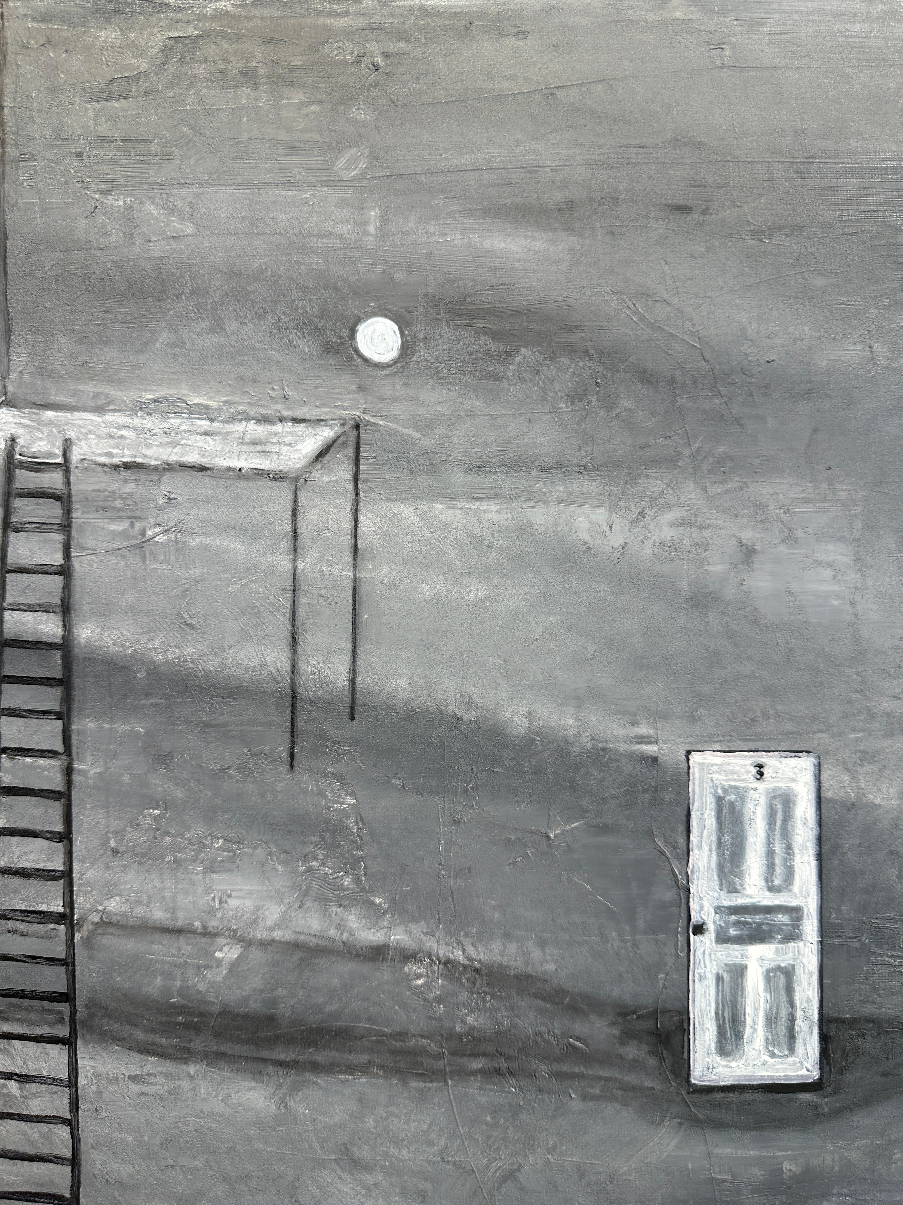 Echo - Monochromatic Scene, Ladder and Doors in Muted Gray, Original Oil, Framed For Sale 2