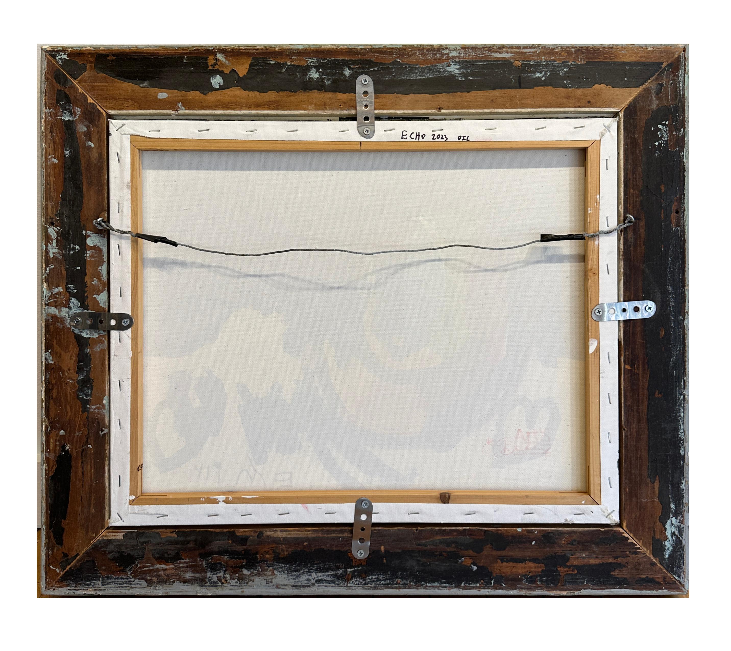 Eco - Escena monocromática, escalera y puertas en gris apagado, óleo original, enmarcado en venta 3