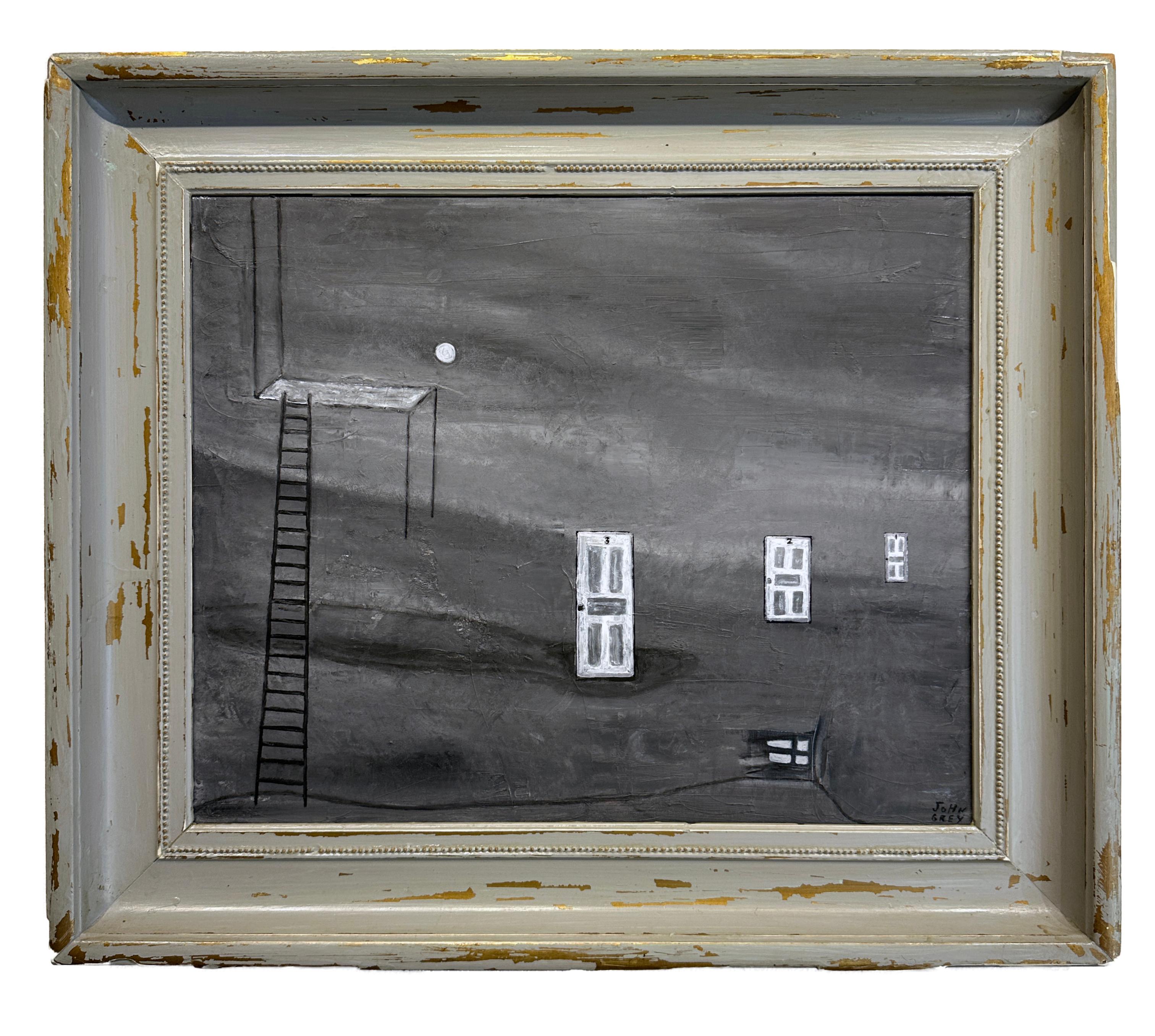 John Seubert Abstract Painting - Echo - Monochromatic Scene, Ladder and Doors in Muted Gray, Original Oil, Framed