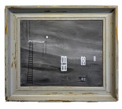 Echo - Monochromatic Scene, Ladder and Doors in Muted Gray, Original Oil, Framed