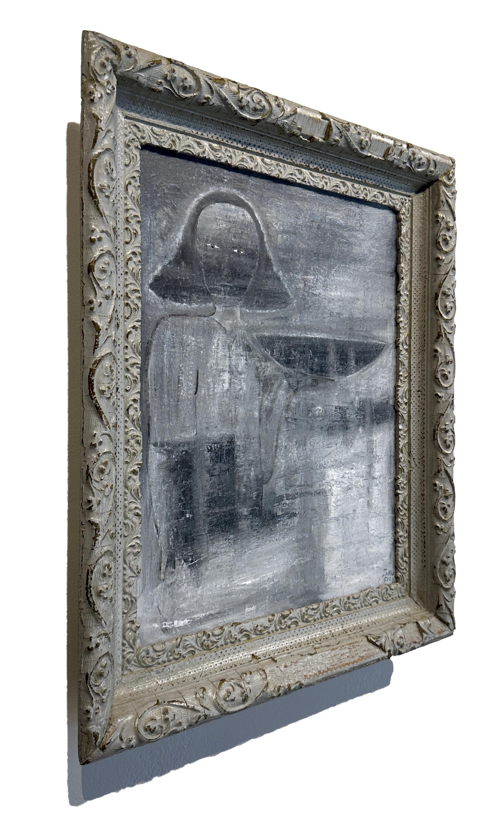Enigma - Scène surréaliste avec une figure en gris sourd, huile sur toile d'origine encadrée - Painting de John Seubert