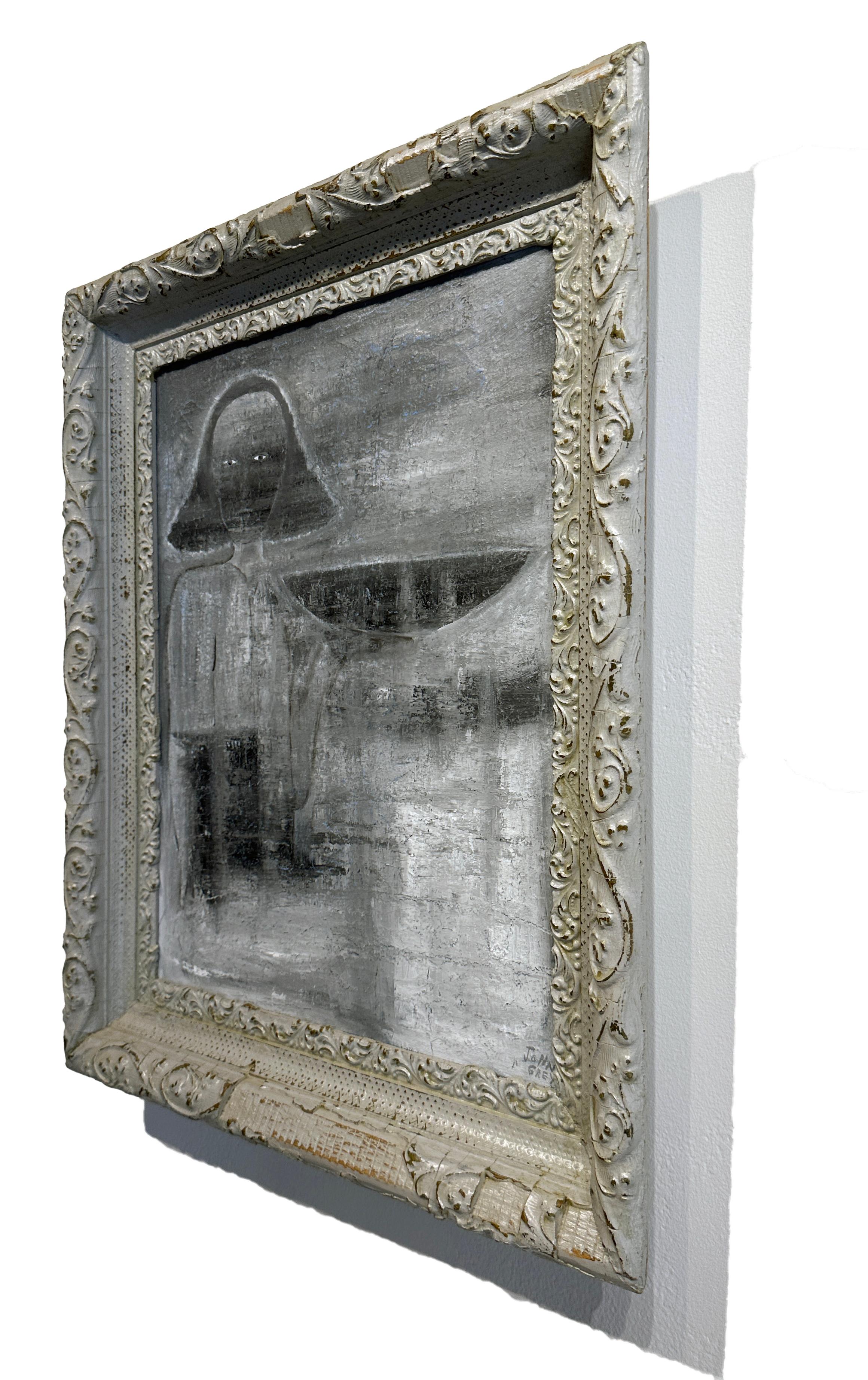 Enigma - Scène surréaliste avec une figure en gris sourd, huile sur toile d'origine encadrée - Contemporain Painting par John Seubert