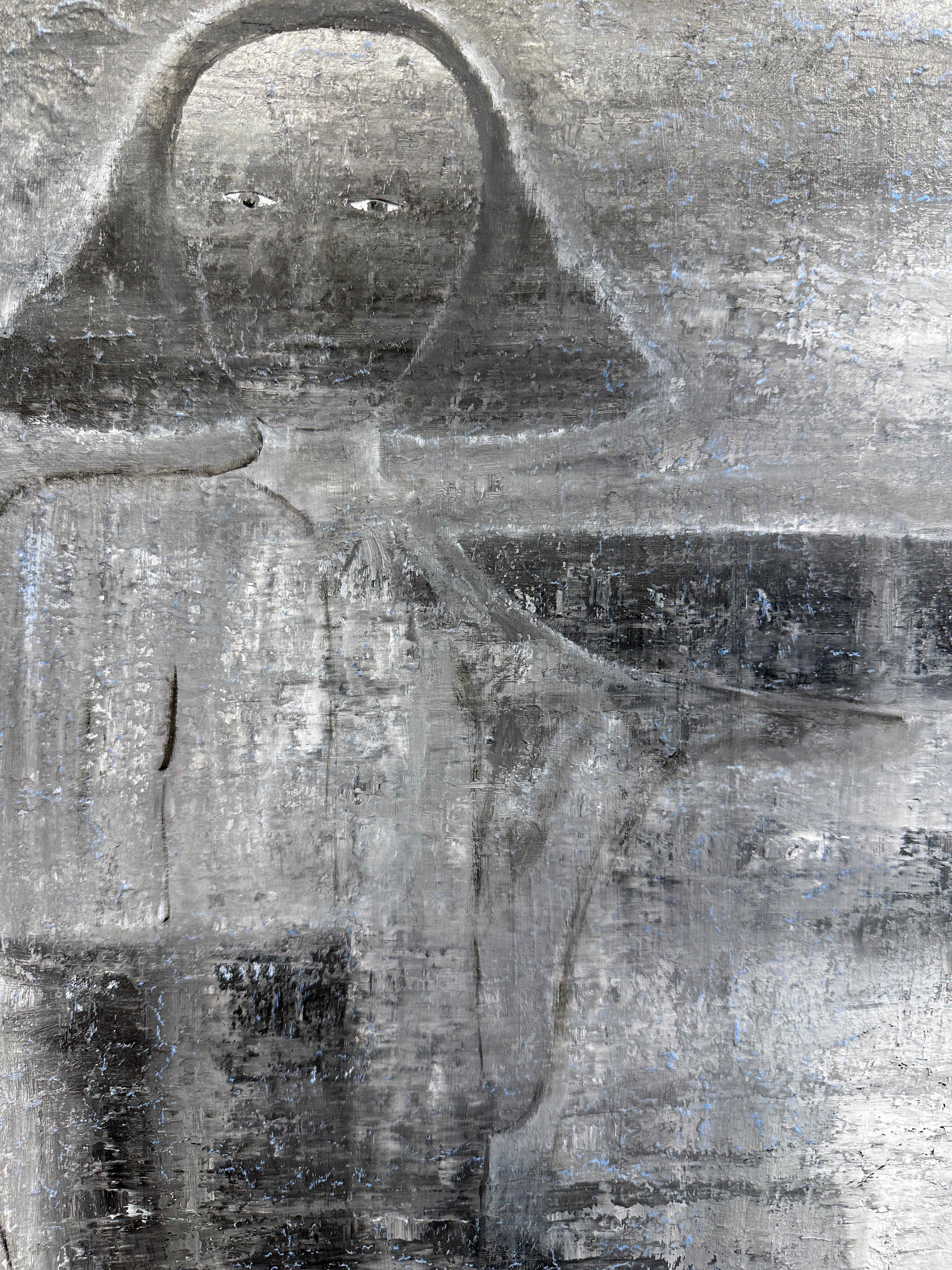Enigma - Scène surréaliste avec une figure en gris sourd, huile sur toile d'origine encadrée en vente 1