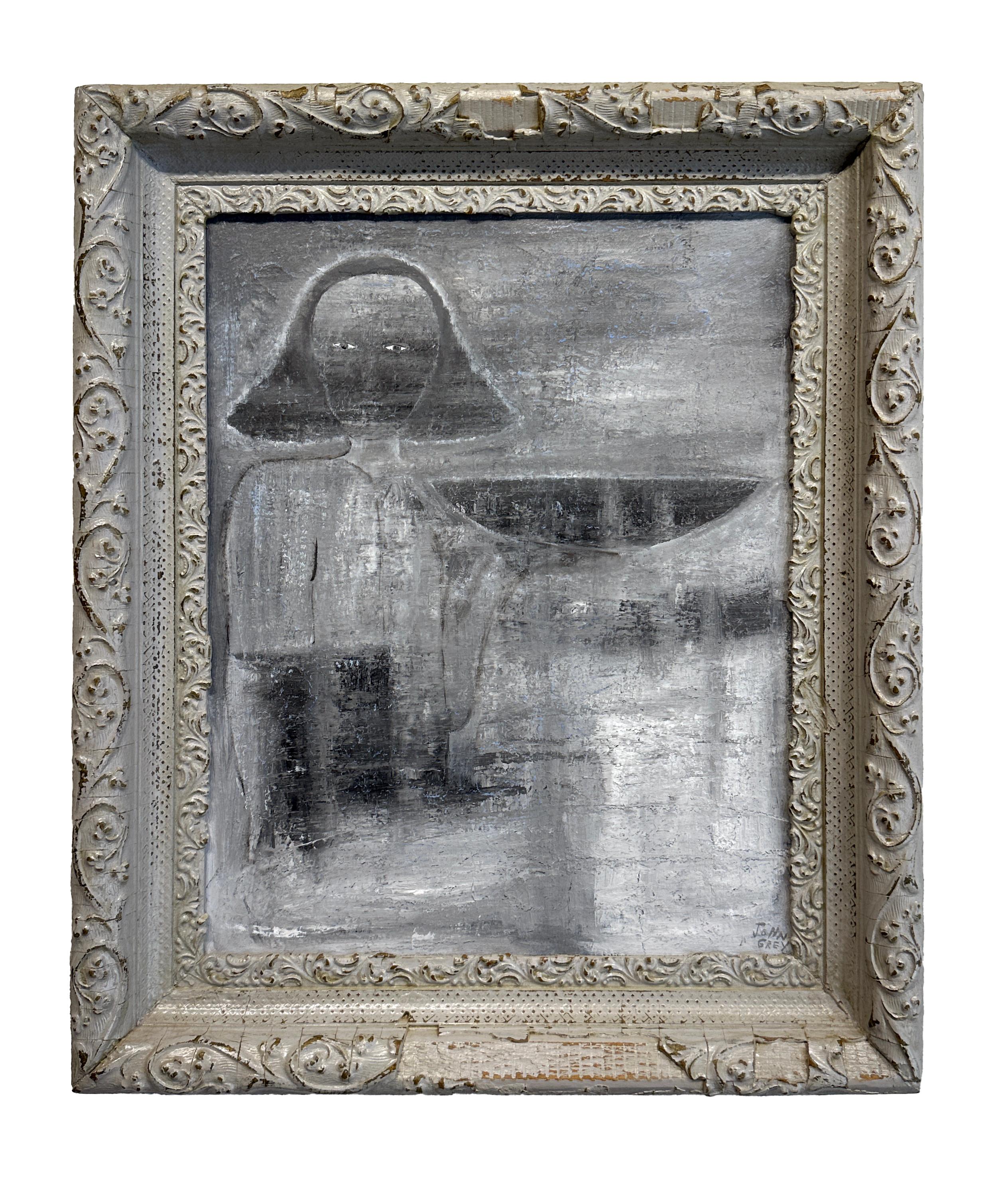 John Seubert Portrait Painting - Enigma - Surreal Scene With Figure in Muted Greys, Original Oil on Canvas Framed