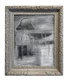 Vintage Enigma - Surreal Scene With Figure in Muted Greys, Original Oil on Canvas Framed