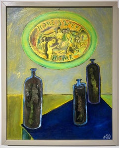 Home Sweet Home - Still-life Painting, Three Bottles and Needlepoint Bric à brac