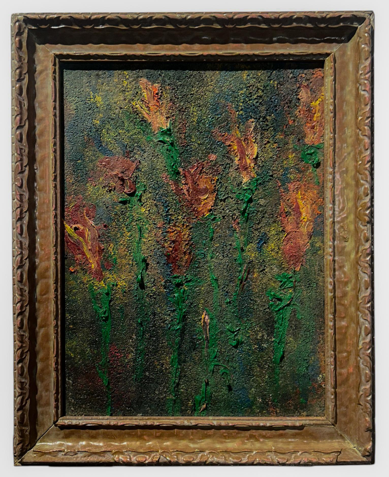 John Seubert Interior Painting - Painting of Flowers in Rust, Ochre, Muted Greens 
Mossy Blues, Framed