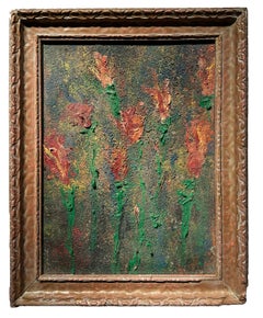Painting of Flowers in Rust, Ochre, Muted Greens 
Mossy Blues, Framed