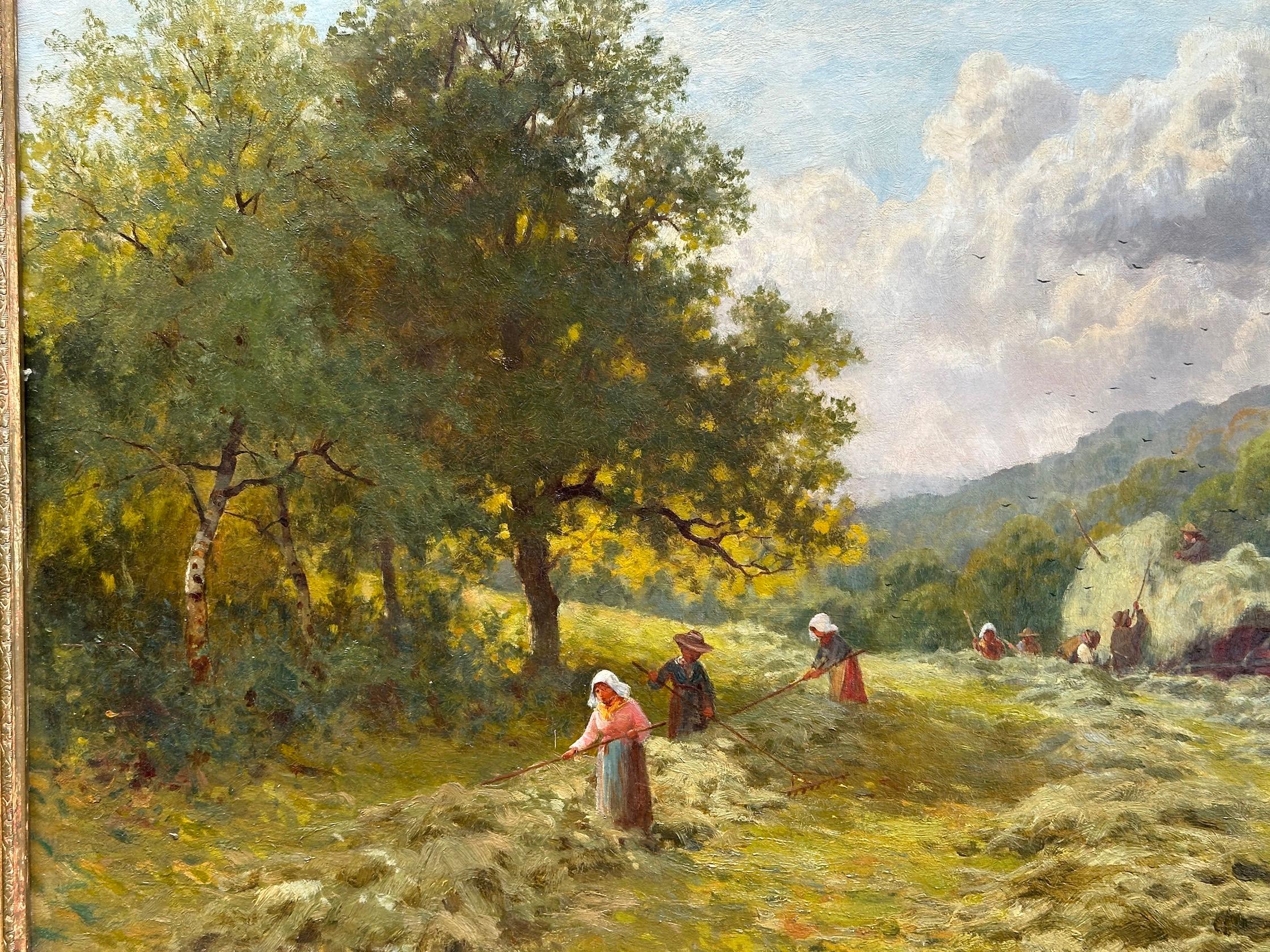 English Antique landscape with farmers harvesting in a field collecting hay - Painting by John Seymour Adams