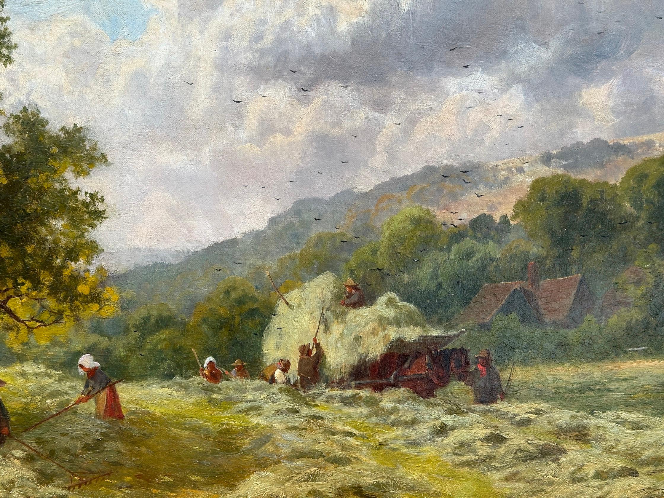 English Antique landscape with farmers harvesting in a field collecting hay - Victorian Painting by John Seymour Adams