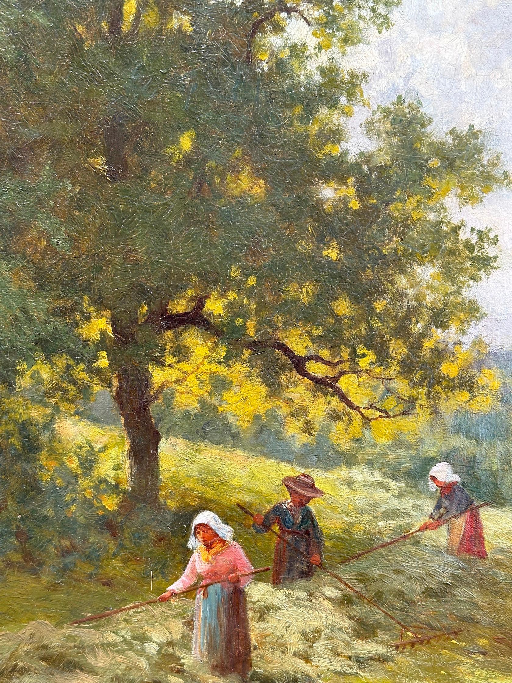 English Antique landscape with farmers harvesting in a field collecting hay - Brown Figurative Painting by John Seymour Adams