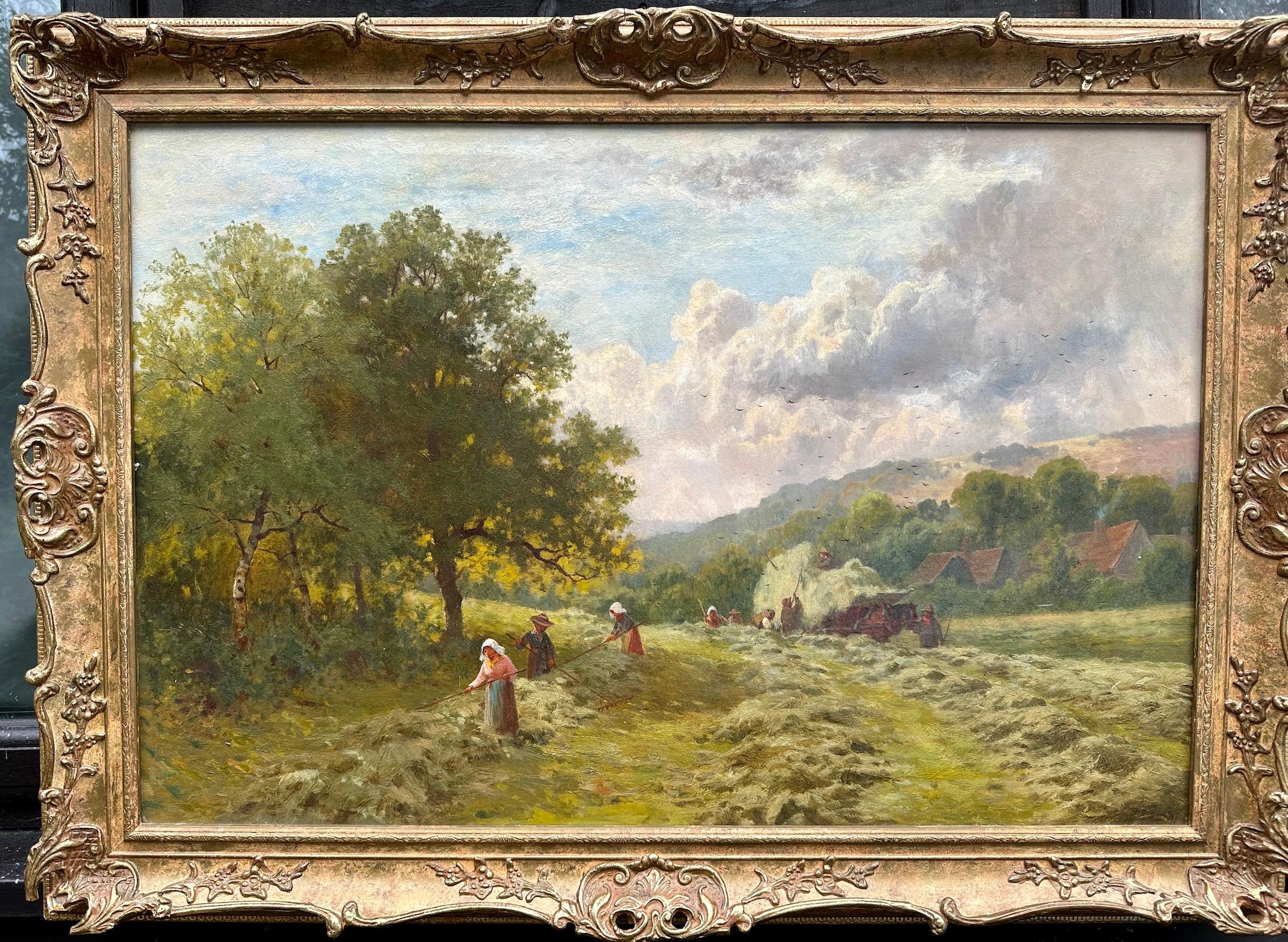 Paysage antique anglais avec des fermiers récoltant dans un champ en ramassant du foin