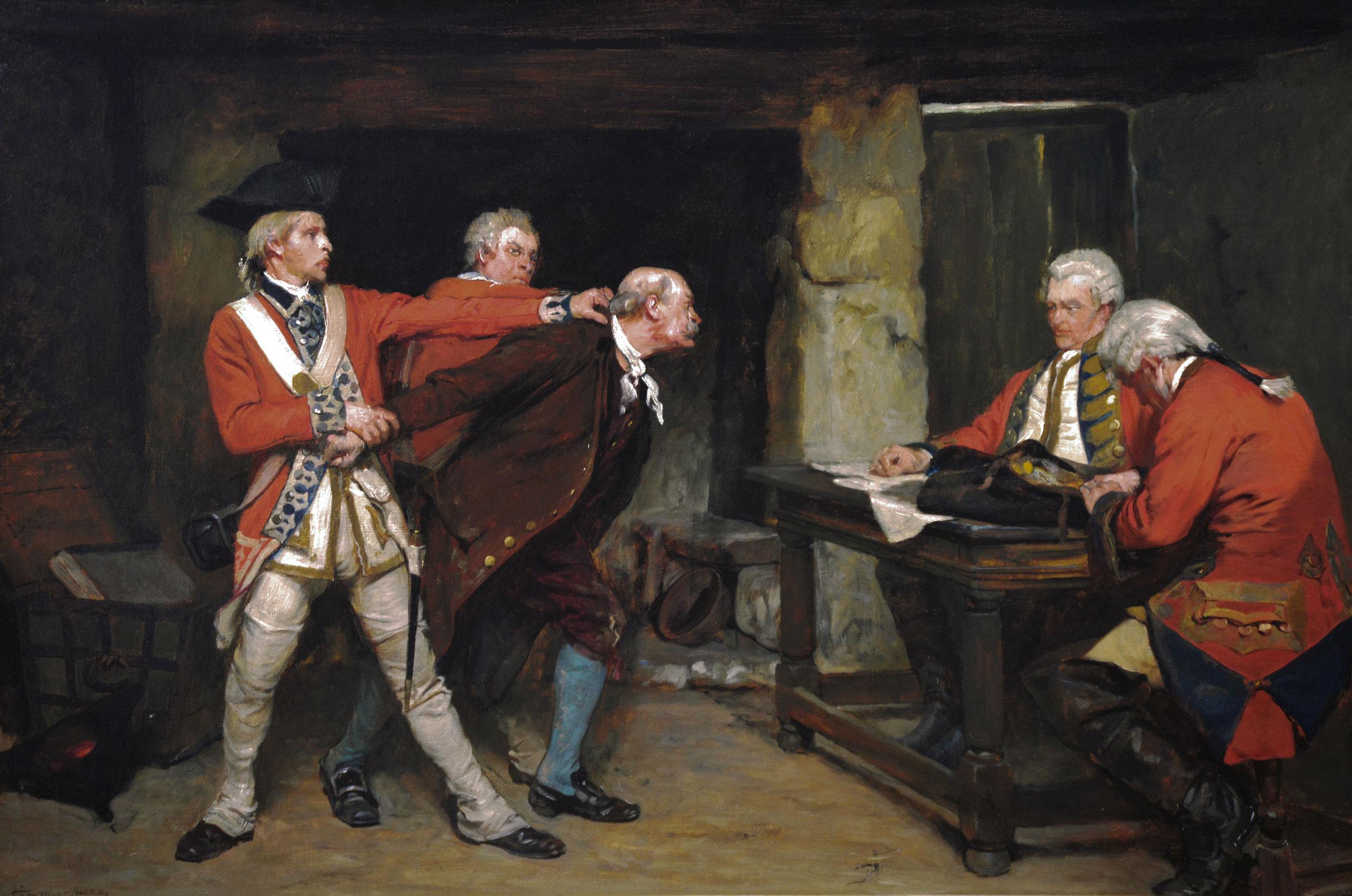 Historical military oil painting of a prisoner being brought before officers - Painting by John Seymour Lucas