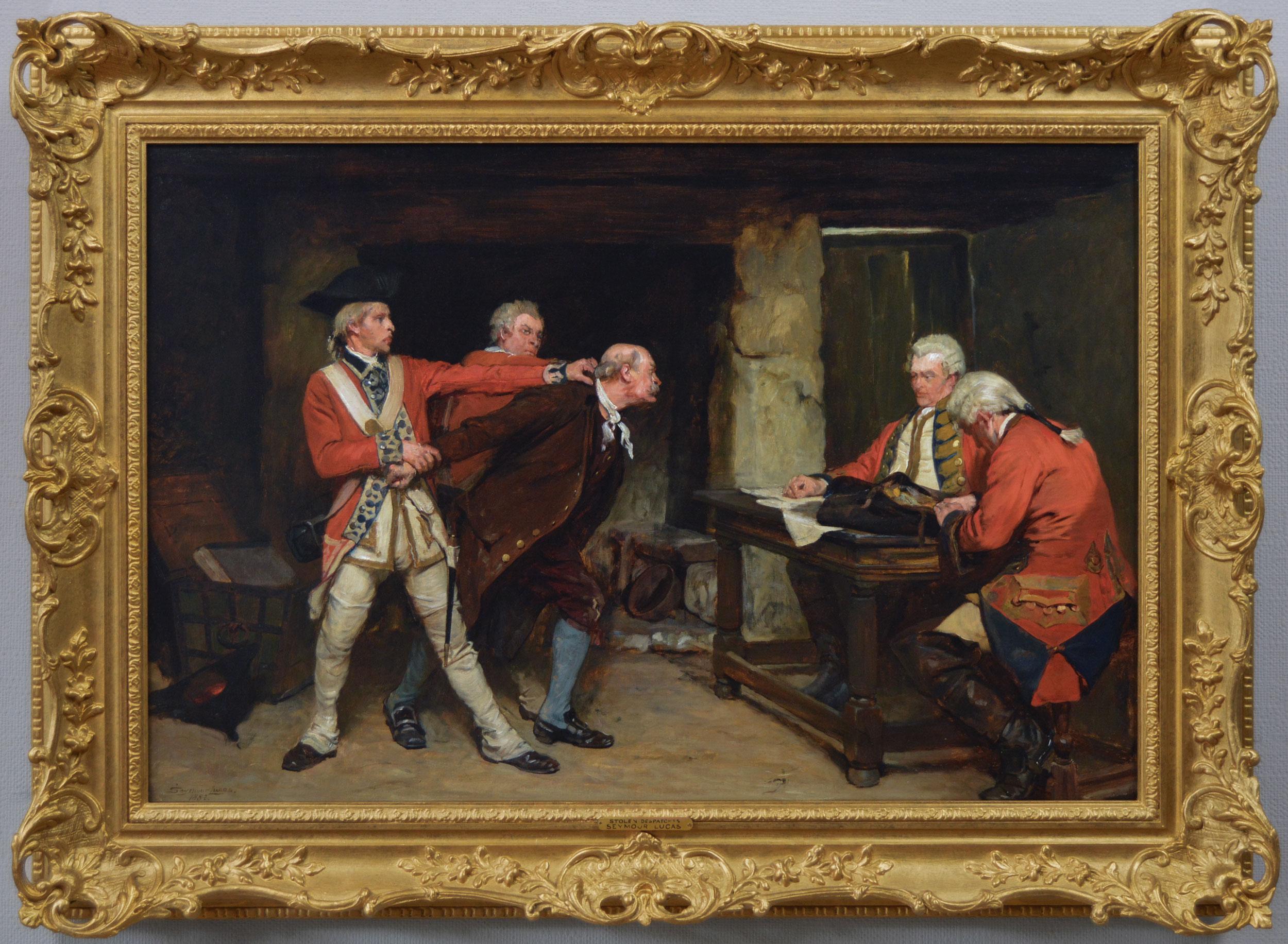 Historical military oil painting of a prisoner being brought before officers
