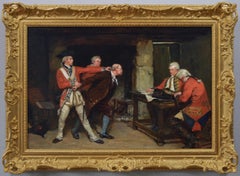Historical military oil painting of a prisoner being brought before officers