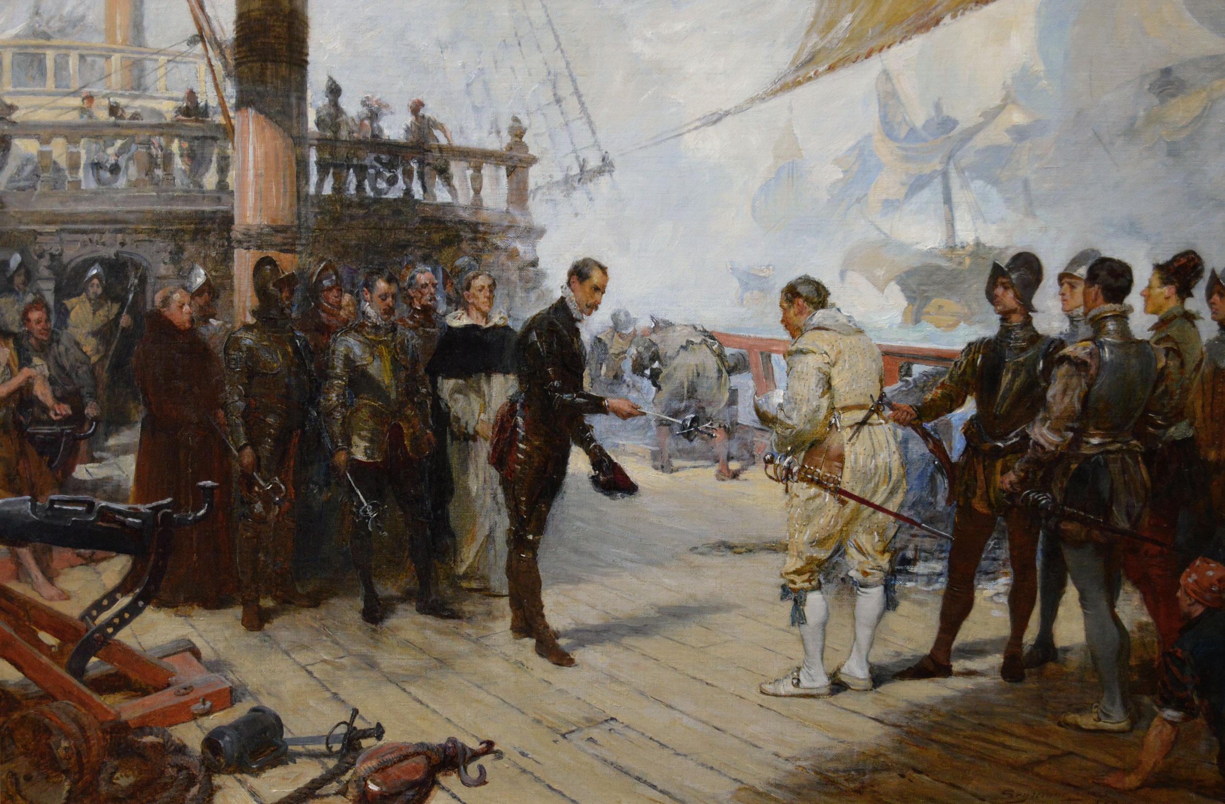 Historical oil painting of the surrender of Don Pedro De Valdez to Francis Drake - Painting by John Seymour Lucas