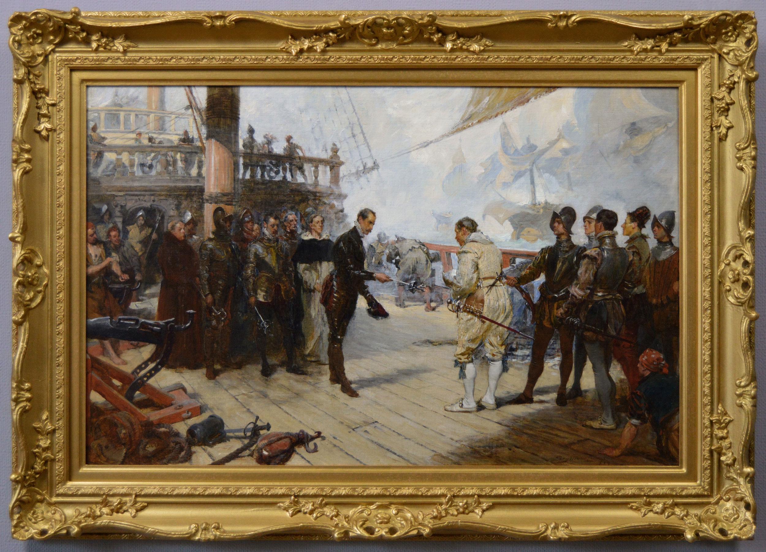 Historical oil painting of the surrender of Don Pedro De Valdez to Francis Drake