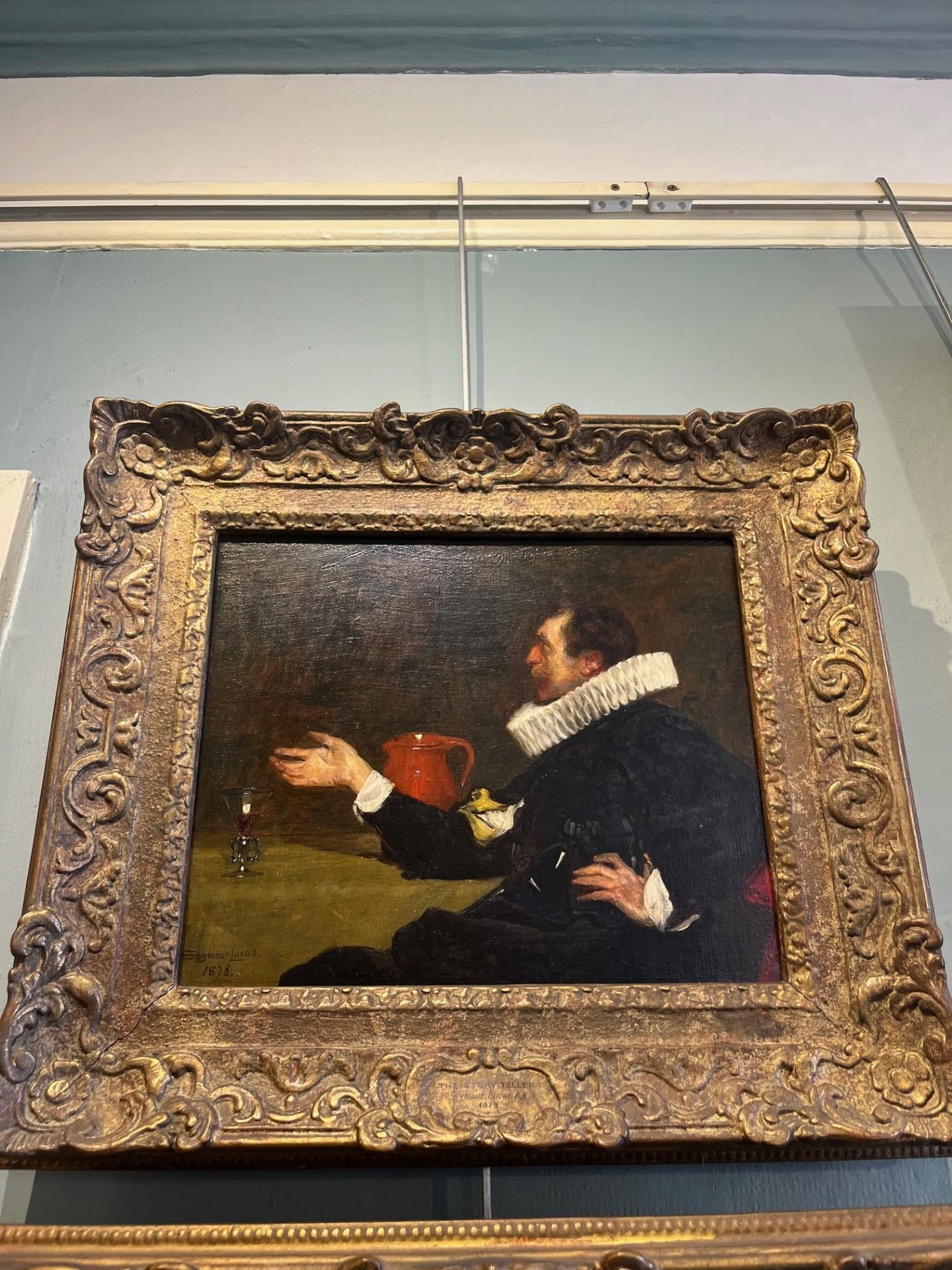 Victorian Male Realistic Portrait Oil Painting of Cavalier in Period Costume.  Signed Oil Painting on Canvas, on stretchers and Framed in period Frame.
A humorous and beautifully painted period portrait  entitled 