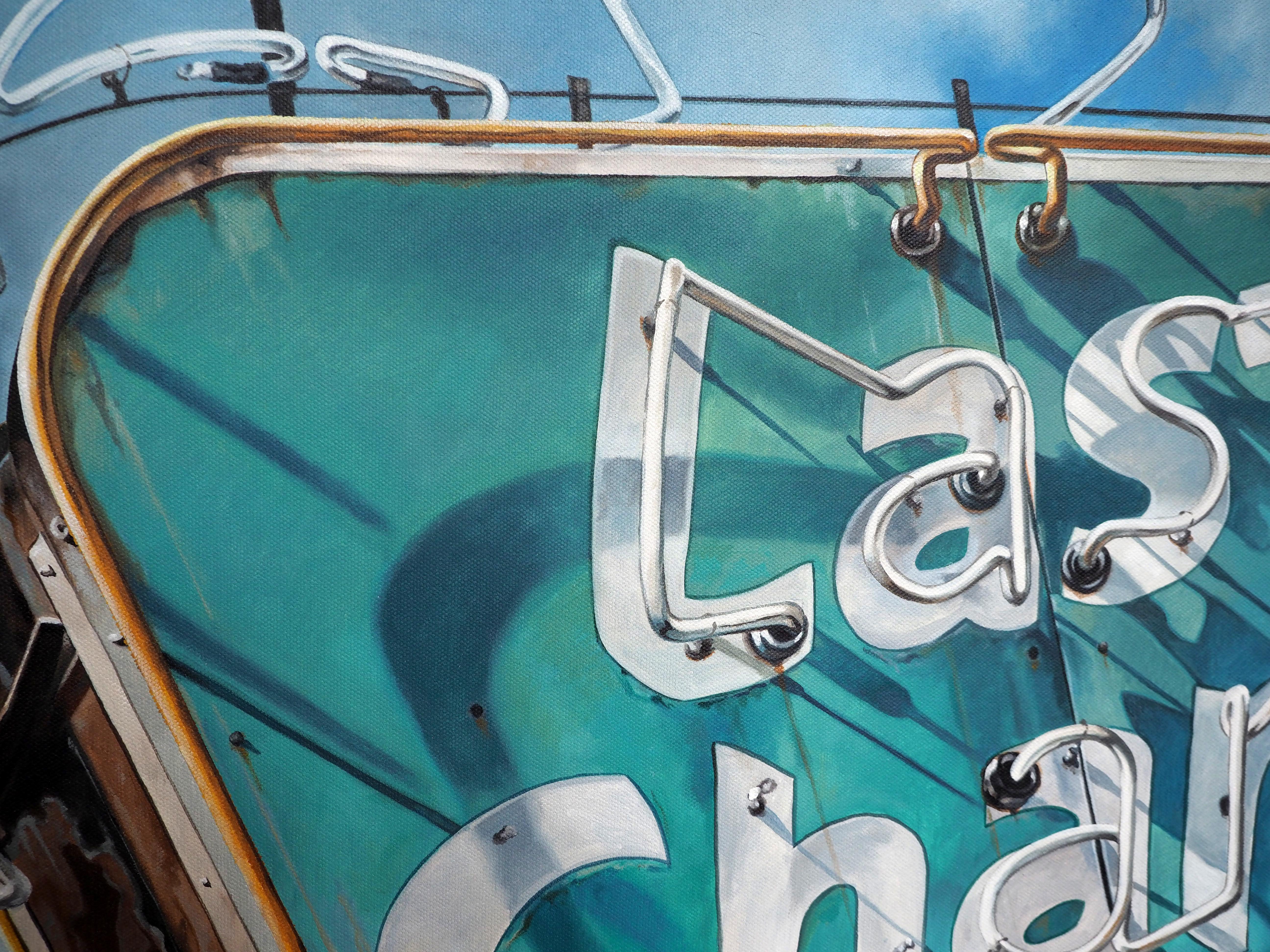 Last Chance is based on a photograph of the Last Chance Liquors store in Nashville, TN. Sharp's hyperrealist mark-making using grey, white, and blue-tones, showcase his clear attention to detail on the vintage sign. Many of his works capture a