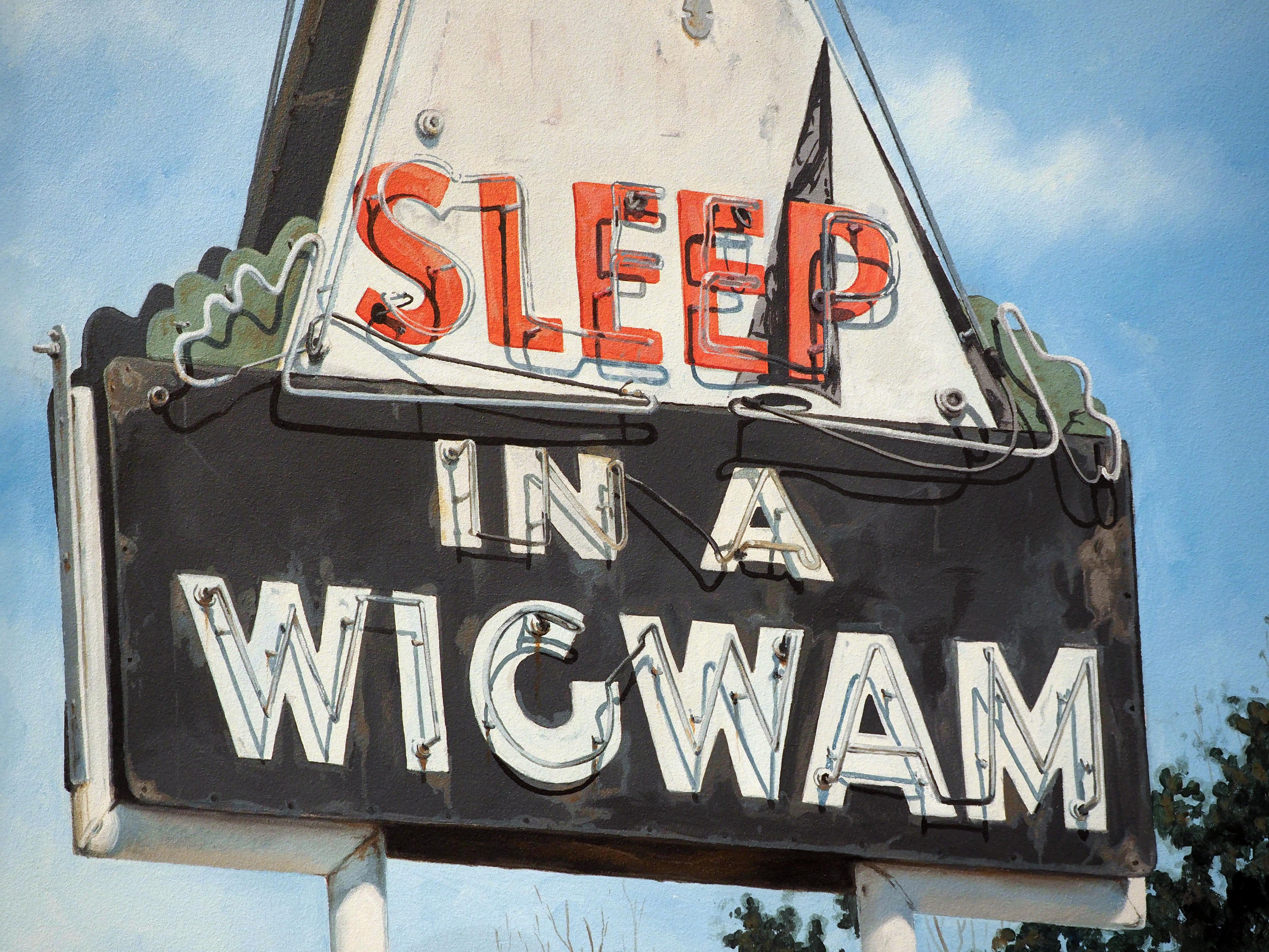 Sleep in a Wigwam depicts the earliest surviving location of the historic Wigwam Village Motels. Built in 1937, this iconic Route 66 neon sign, and motel, is still located and taking reservations in Cave City, KY. Sharp's high attention to detail is