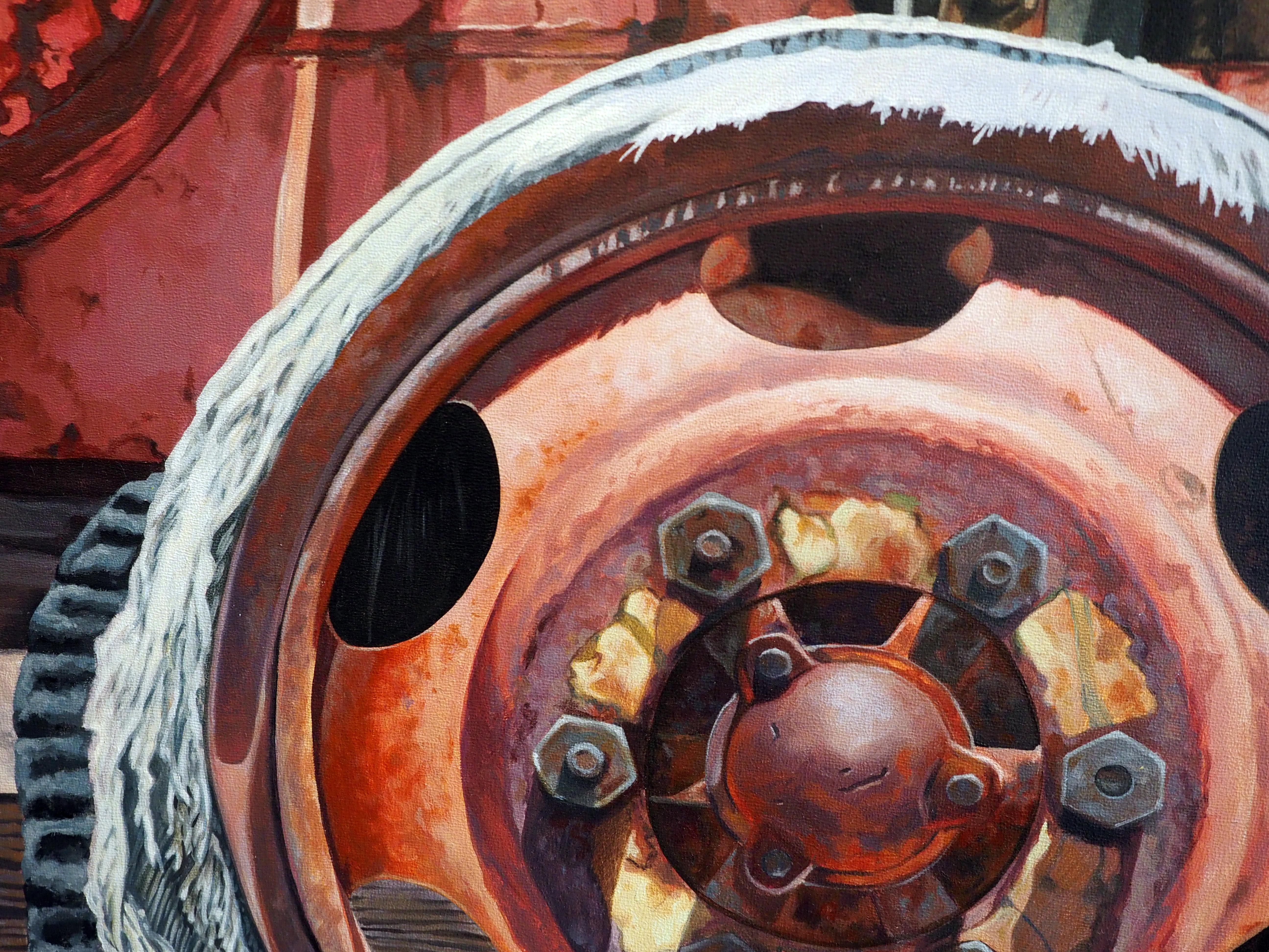 Run Rot is a hyperrealist piece with captivating colors of an old tire using red, burn umber, and grey-toned hues.  This particular painting based on a photograph taken at a ghost town just outside the Superstition Mountain Range in Arizona. A