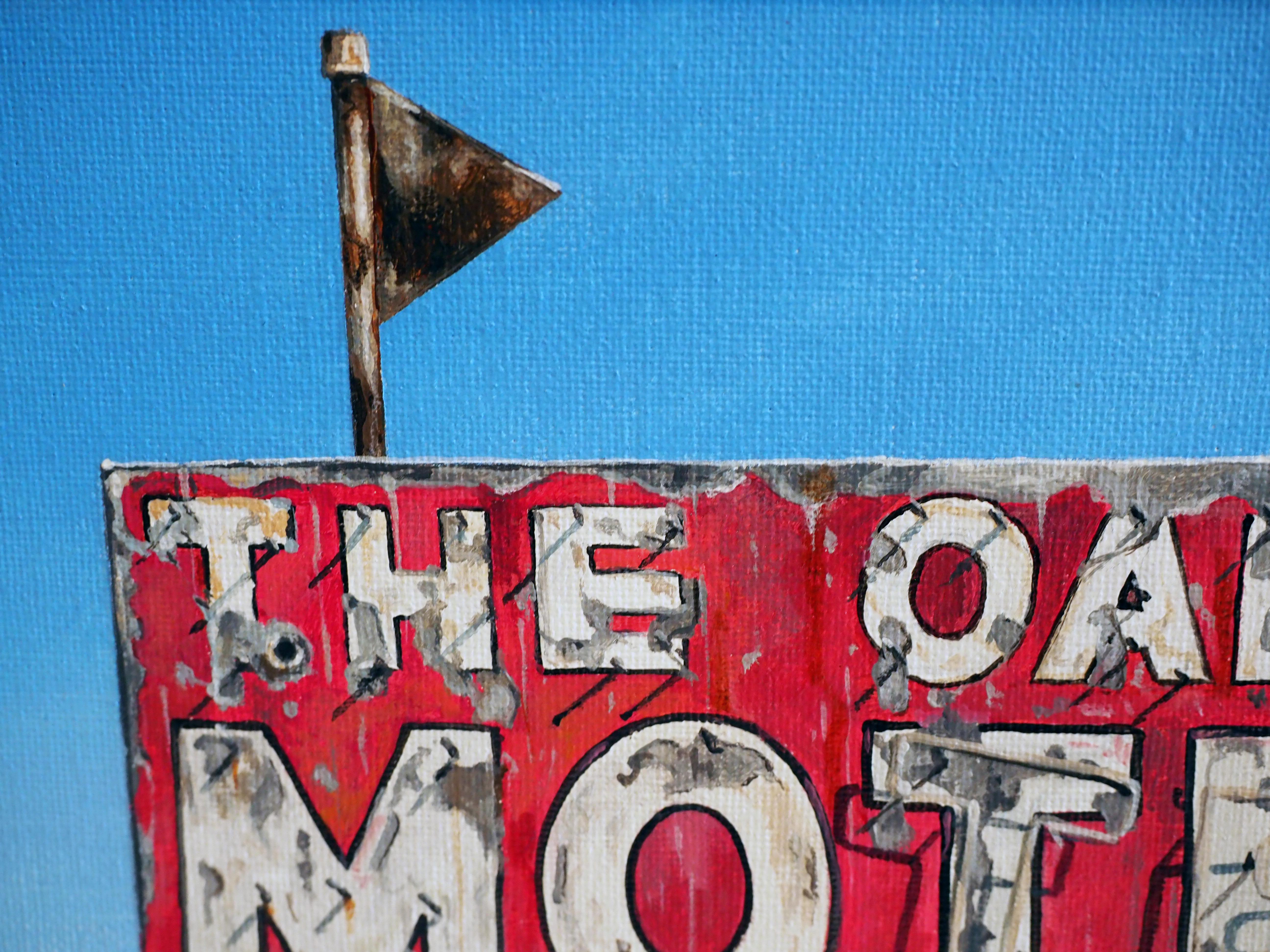 The Oaks Motel displays a vintage sign that showcases Sharp's high attention to detail is portrayed through his use of hyperrealist application of red, white, blue, and black hues. This particular painting is based on a roadside photograph of the
