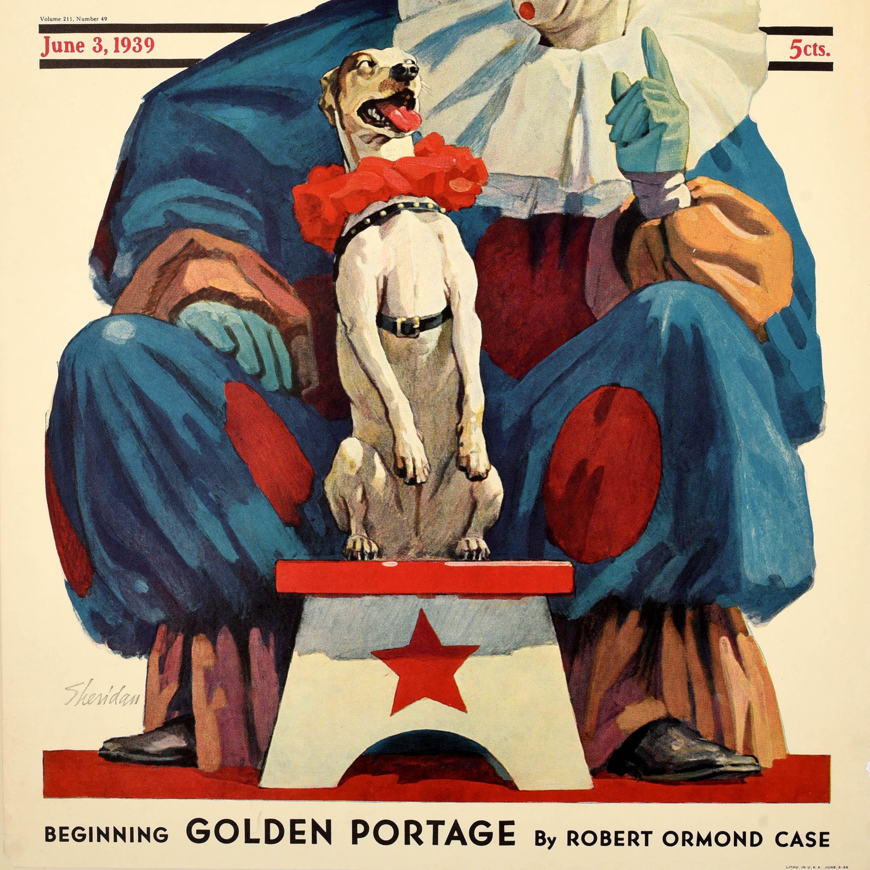 Original-Werbeplakat für die Ausgabe vom 3. Juni 1939 des illustrierten Magazins The Saturday Evening Post. Es zeigt einen Clown in einem blau-roten Polka-Dot-Outfit, der einem Hund auf einem weiß-roten Sternhocker Kunststücke beibringt, oben den