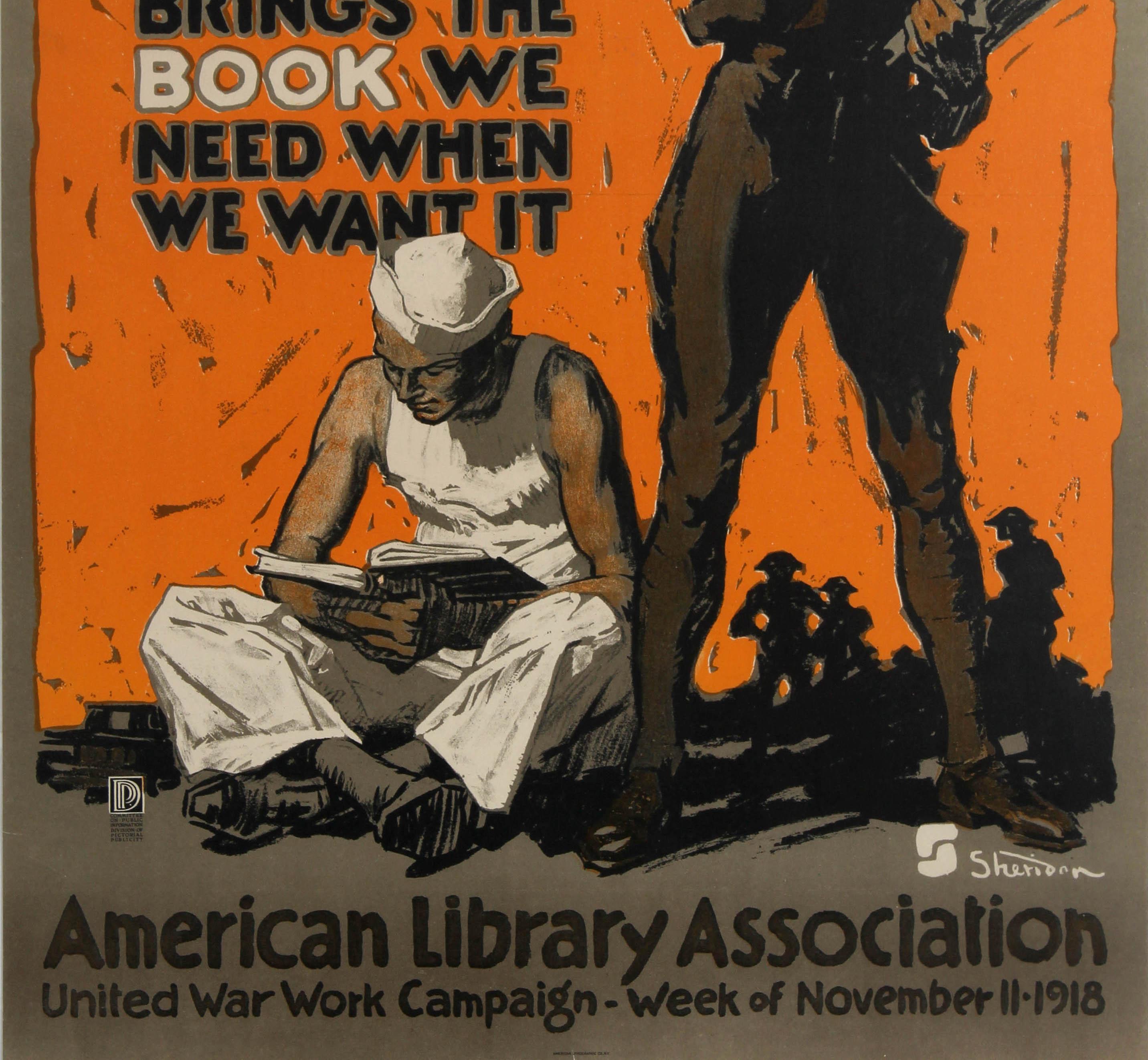 Original vintage World War One poster: Hey fellows! Your money brings the book we need when we want it. American Library Association - United War Work Campaign - Week of November 11 1918. Bold and colourful image on a vivid orange background showing