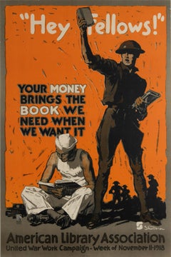 Affiche rtro originale de la Premire Guerre mondiale, Hey Fellows, tats-Unis, Livres, Dessin d'un soldat