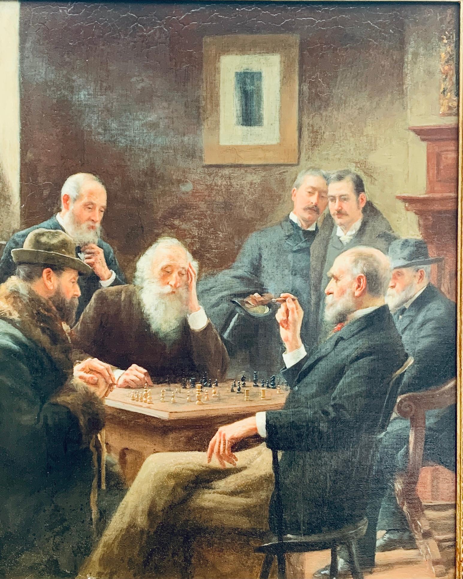 19th century American or European, Interior portrait of rich men playing chess - Painting by Unknown