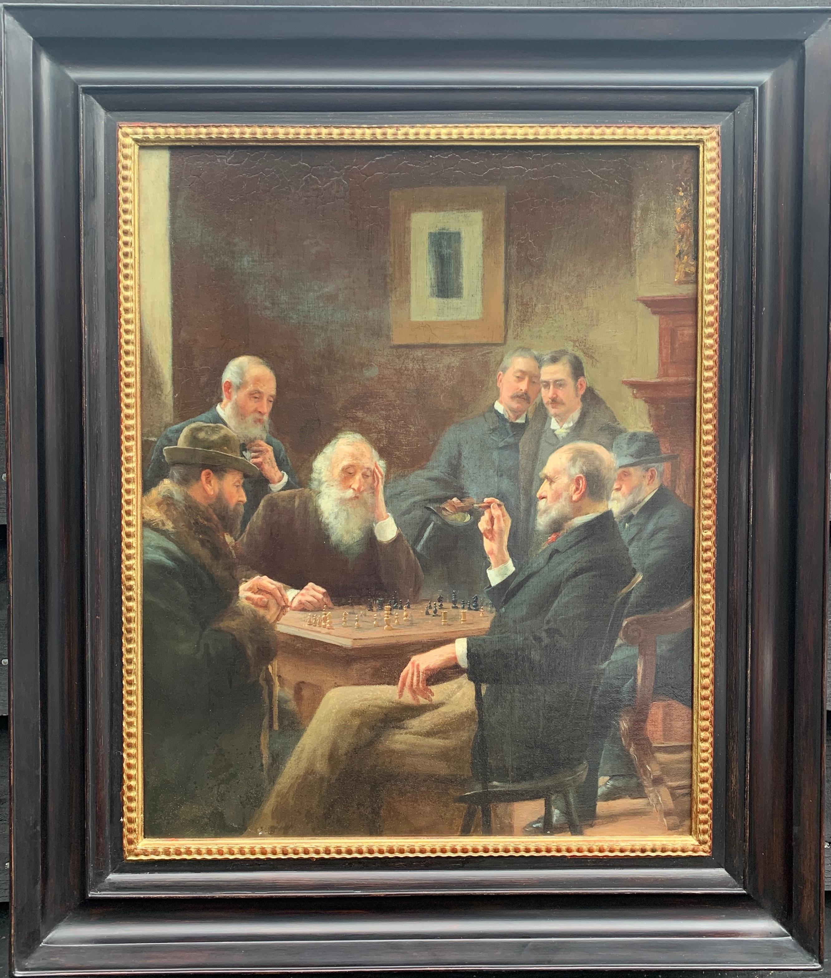 Unknown Portrait Painting - 19th century American or European, Interior portrait of rich men playing chess