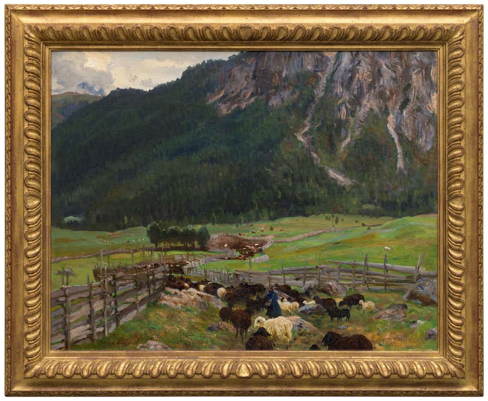 A Mountain Sheepfold in the Tyrol - American Oil on Canvas Painting, 1914-1915