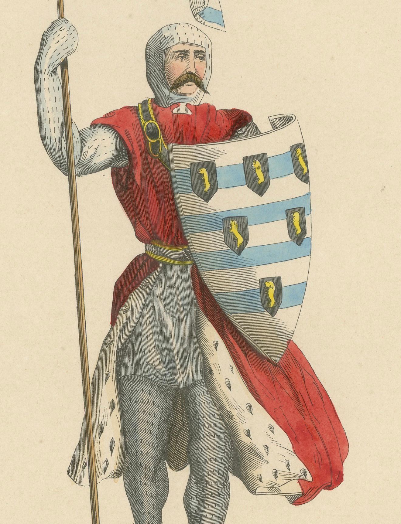 John Sitsylt, the Heraldic Knight in an Original Hand-Colored Lithograph of 1847 In Good Condition For Sale In Langweer, NL