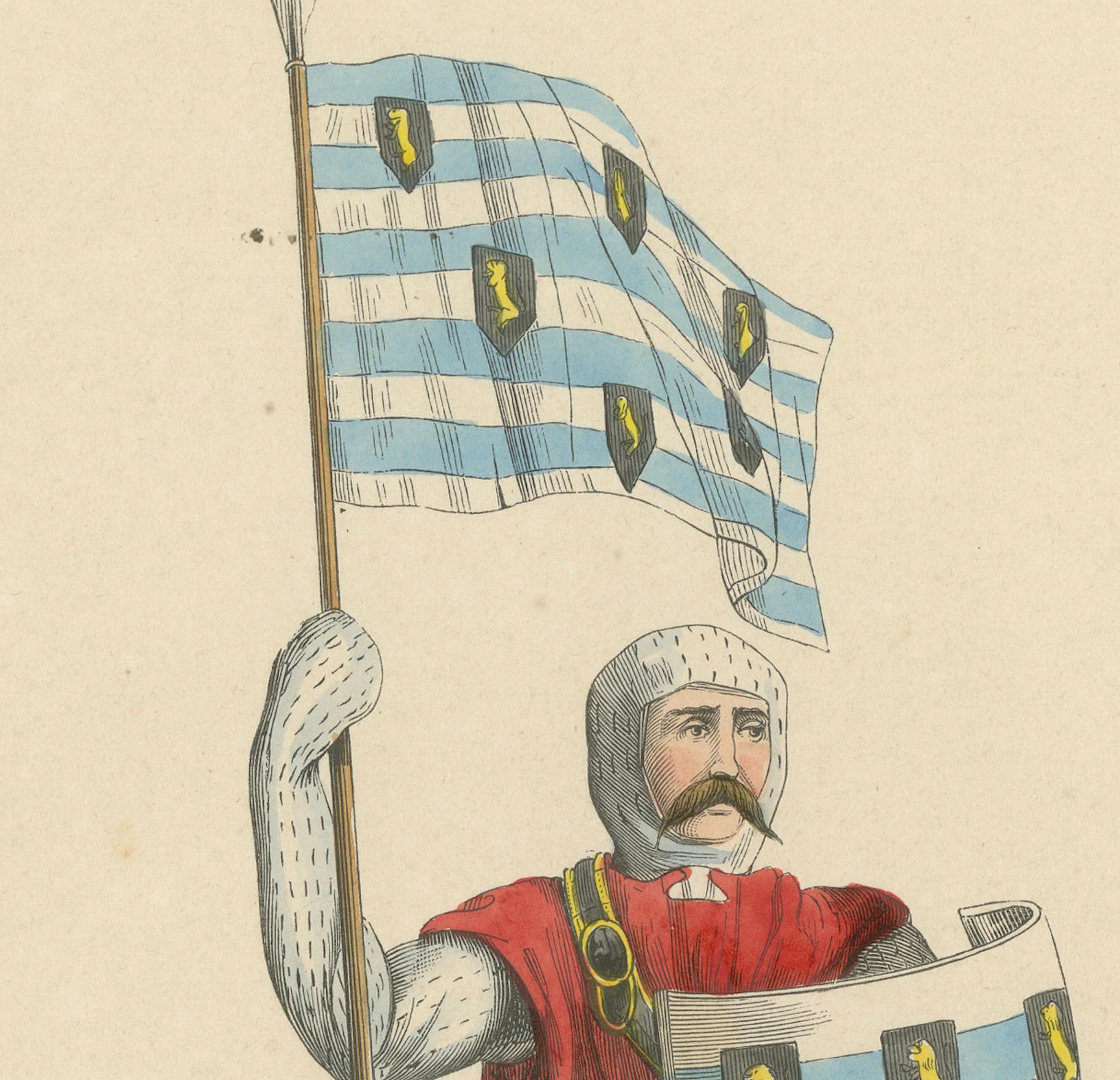 Milieu du XIXe siècle John Sitsylt, le chevalier héraldique dans une lithographie originale colorée à la main de 1847 en vente
