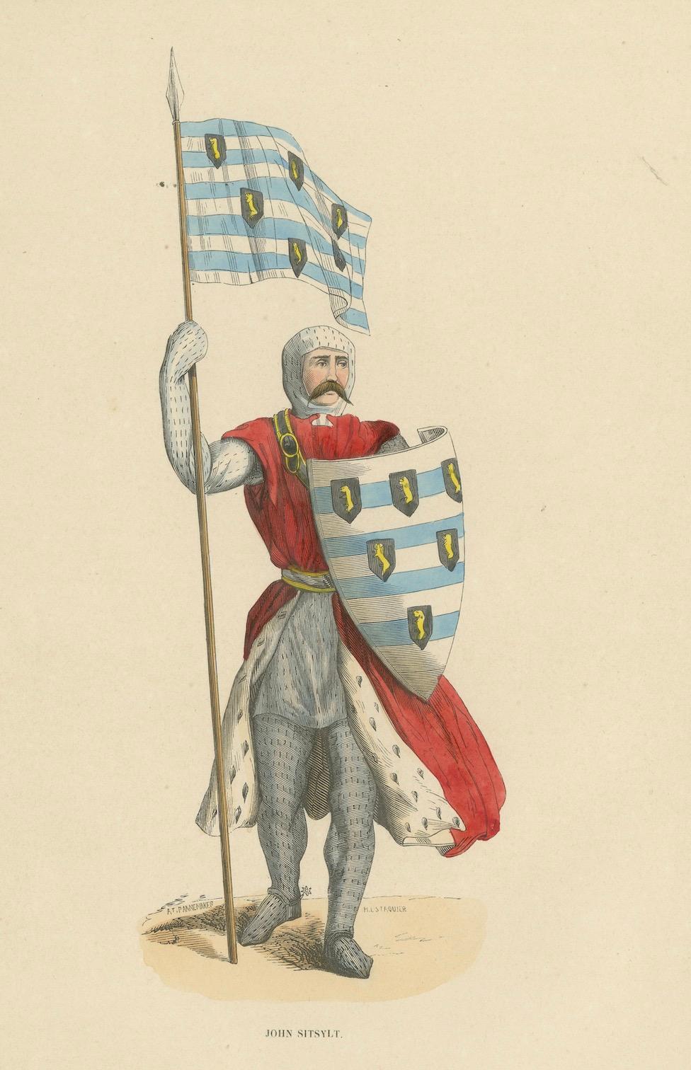 Papier John Sitsylt, le chevalier héraldique dans une lithographie originale colorée à la main de 1847 en vente