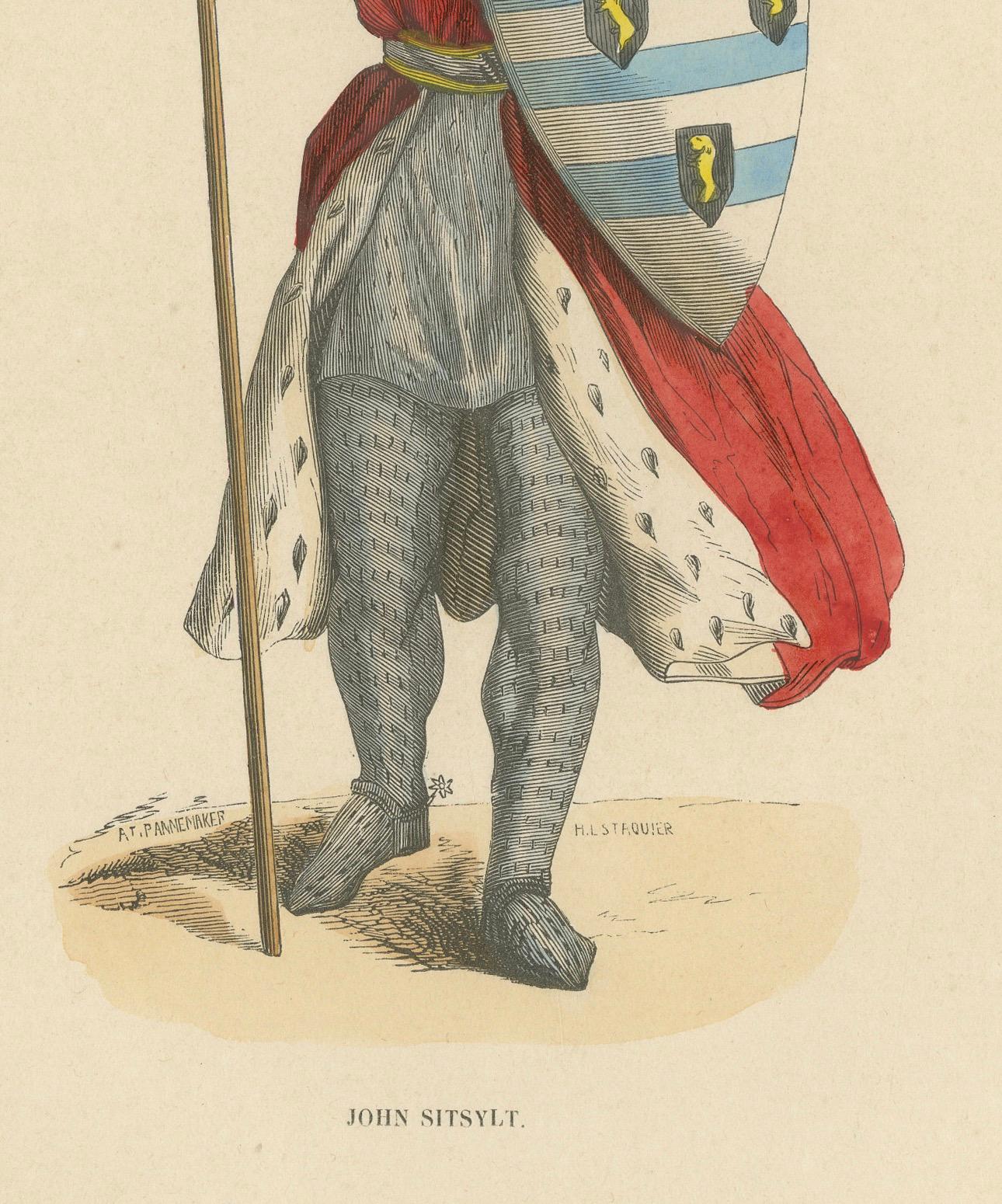 John Sitsylt, le chevalier héraldique dans une lithographie originale colorée à la main de 1847 en vente 1