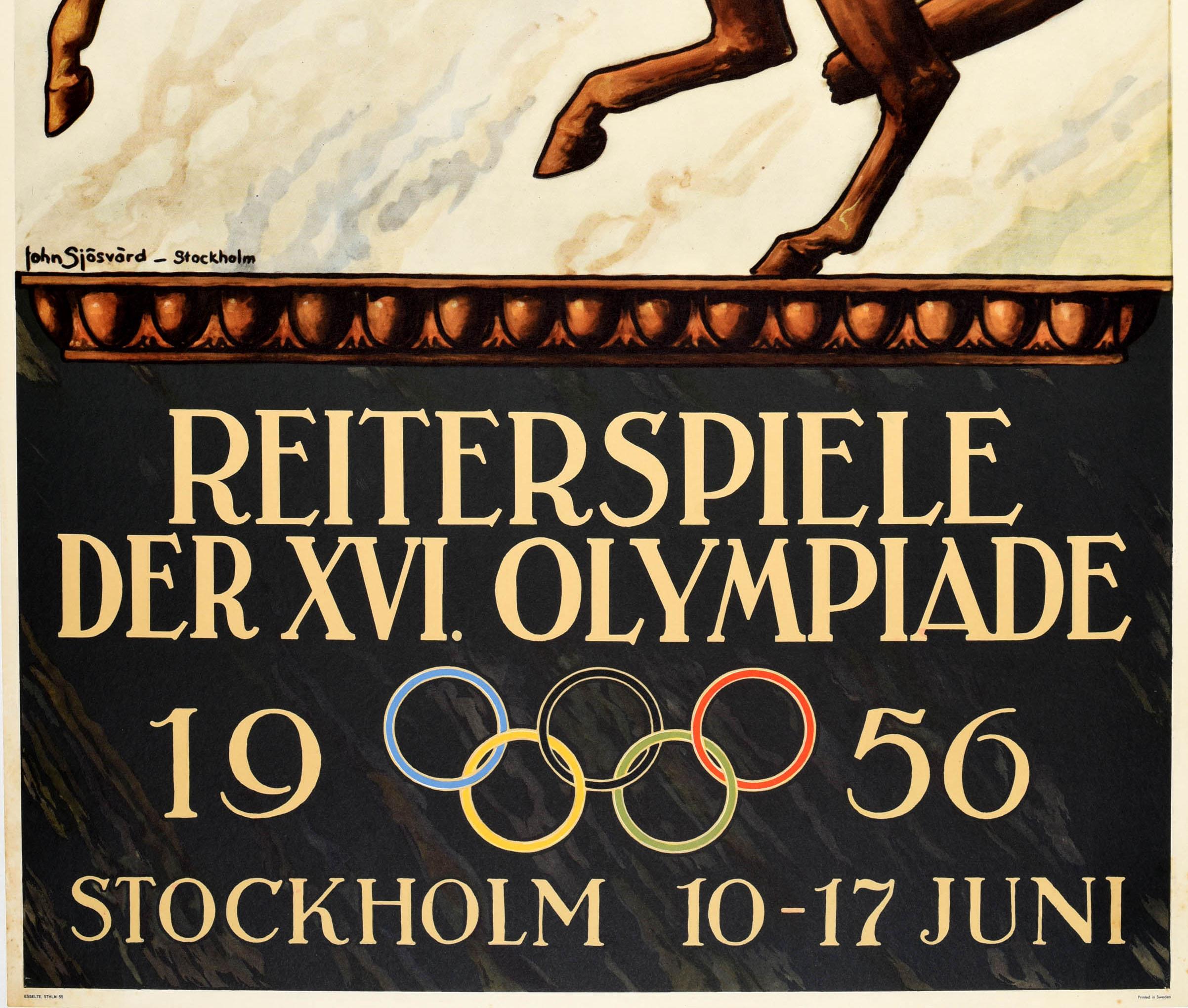 Original vintage sport poster for Equestrian Games of the XVI Olympics 1956 / Reiterspiele Der XVI Olympiade hosted by Stockholm from 10 to 17 June 1956 for the dressage, eventing (dressage, cross-country and show jumping), and show jumping events