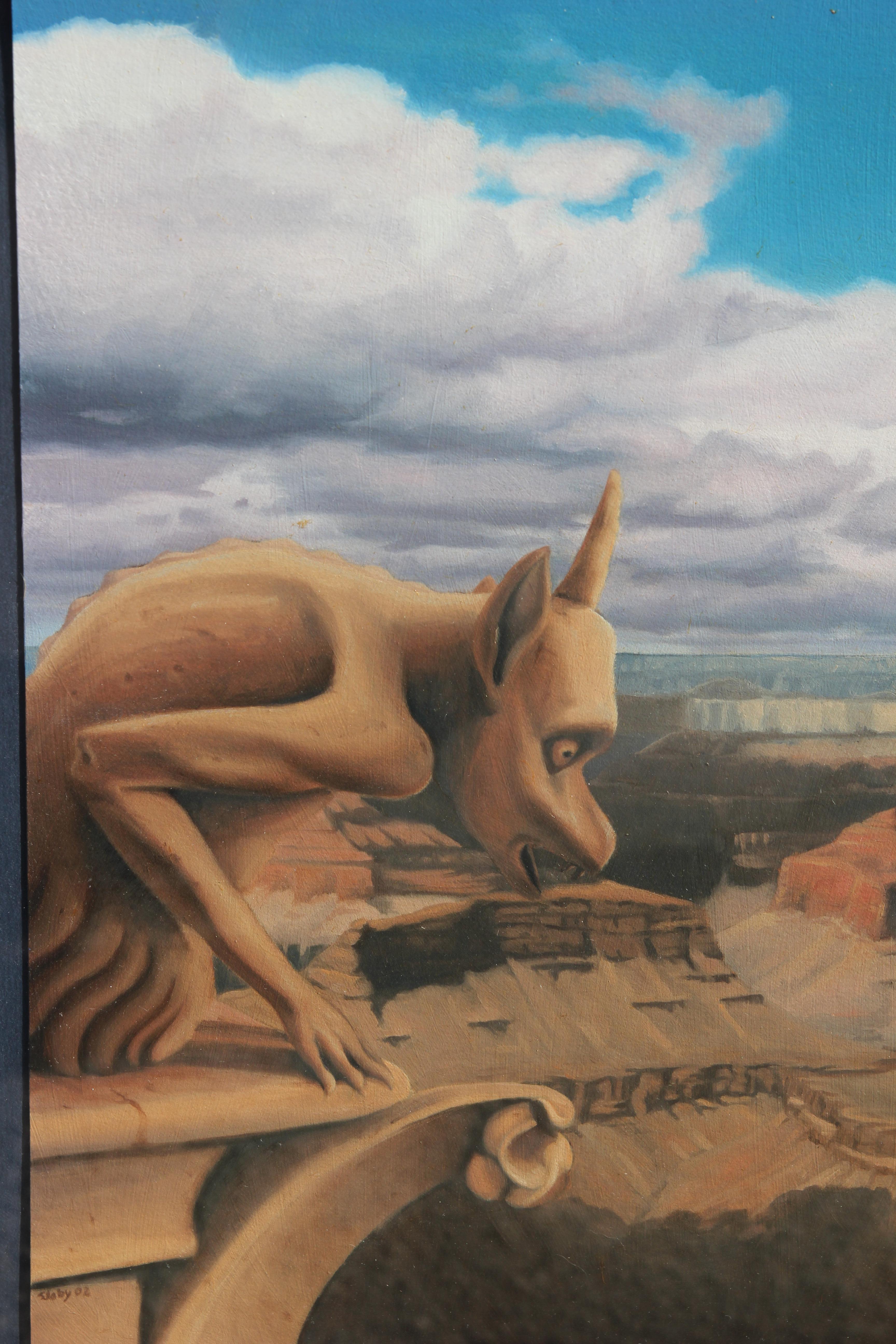 Surrealist Grand Canyon Landscape with Gargoyle  - Painting by John Slaby