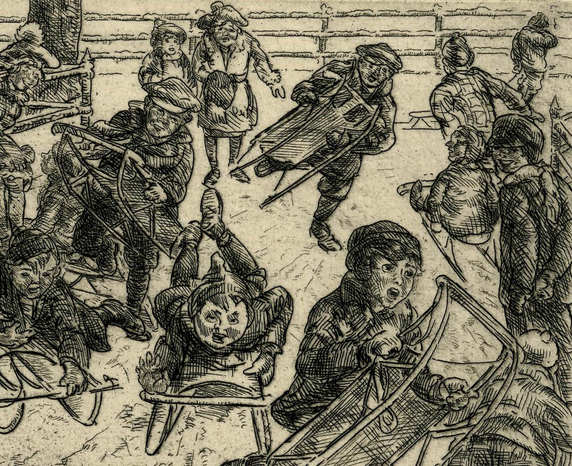 Boys Sledding
Etching, 1920
Signed and titled in pencil by the artist below image (see photos)
Annotated in pencil by the artist 