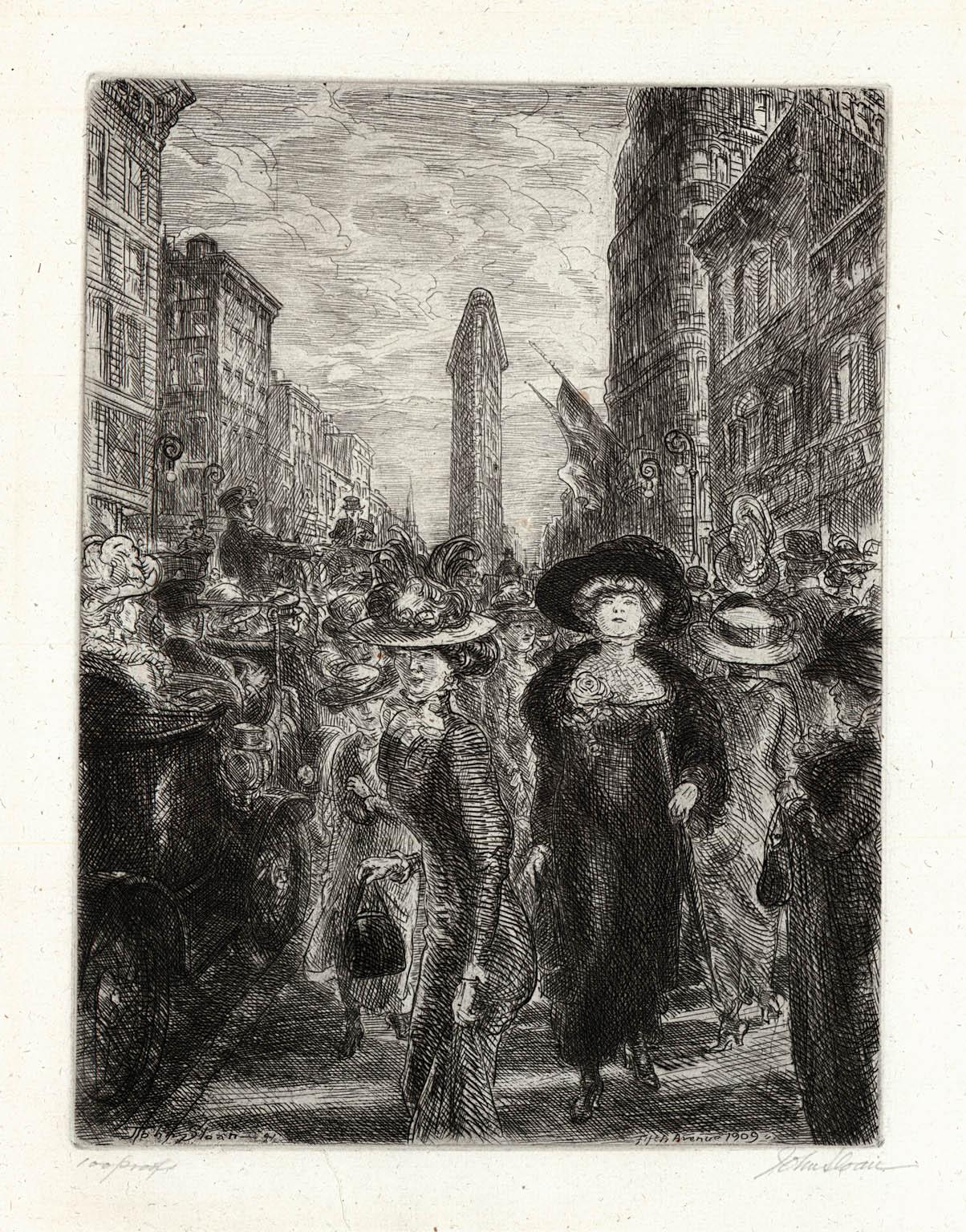 John Sloan Figurative Print - Fifth Avenue, 1909.